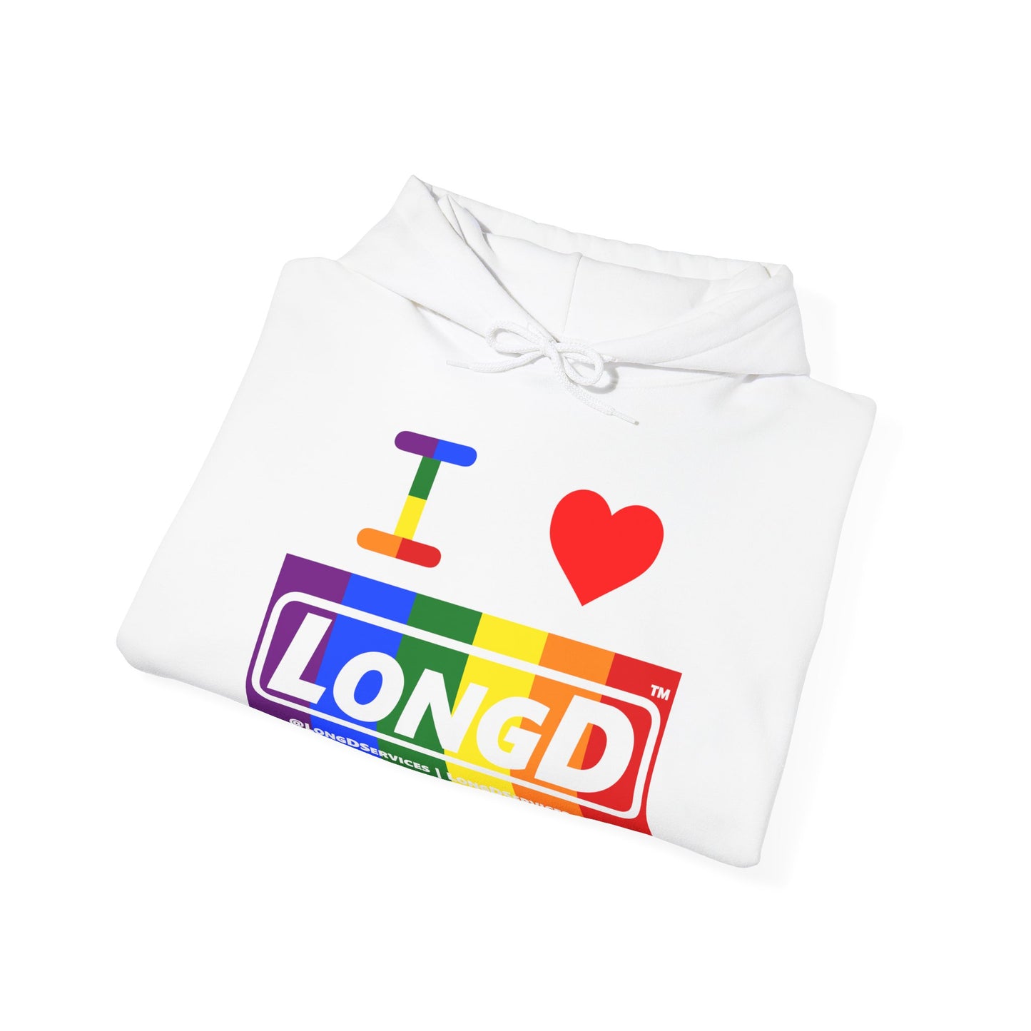 I Luv LongD® Logo Hoodie with Pride rainbow negative text
