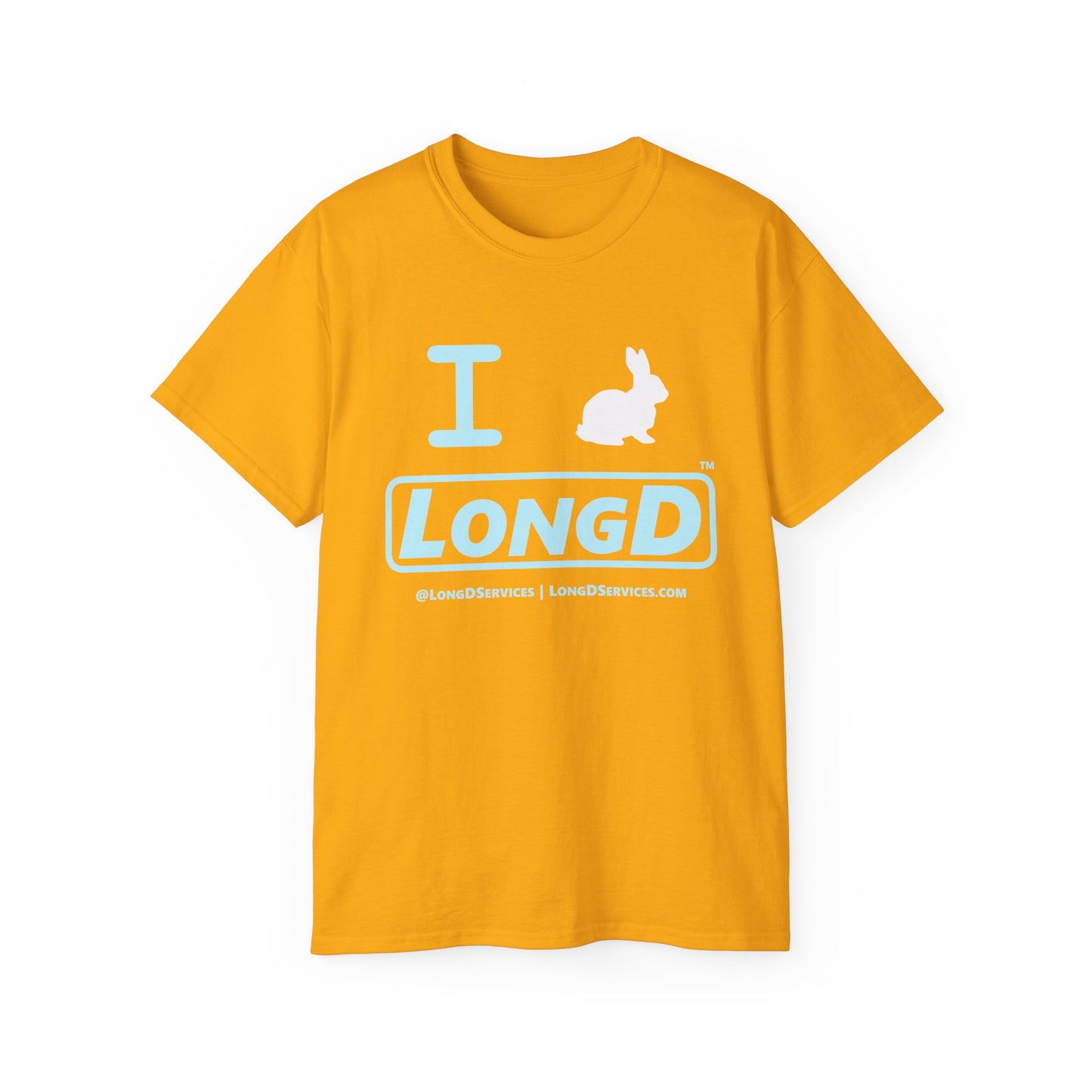 I Bunny LongD® Logo Cotton Tee Easter pastel blue text (white Easter Bunny)