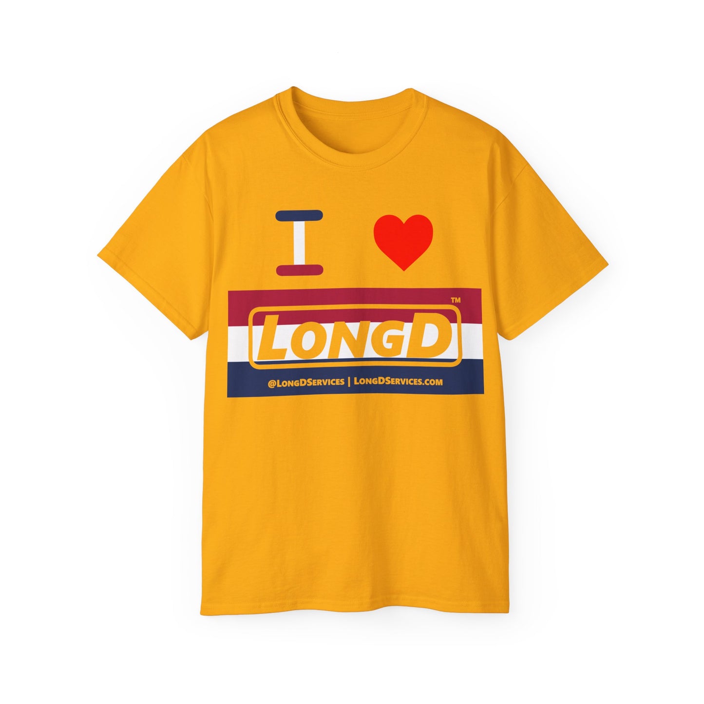 I Luv LongD® Logo Cotton Tee Red, White and Blue striped thirds text