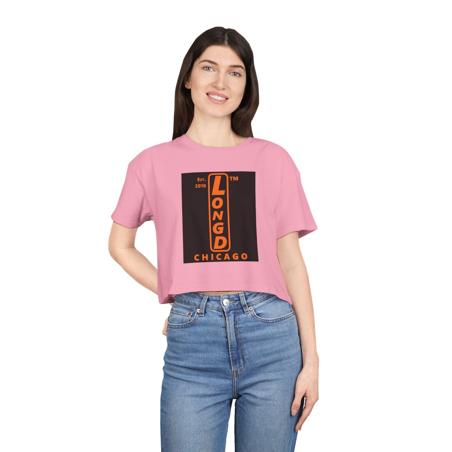 LongD Chicago upright front-back logo orange (FE7518) on Black (000000) crop tee