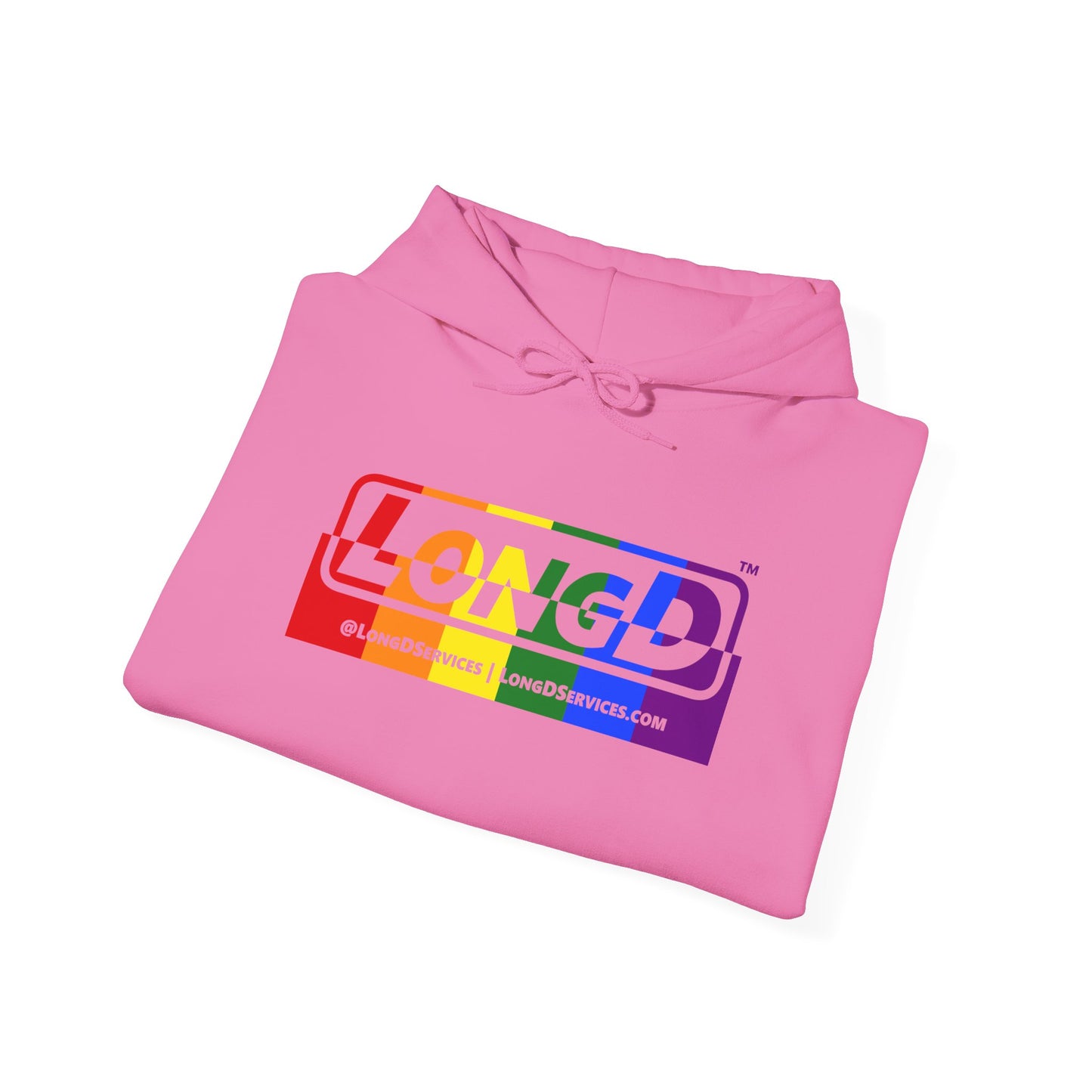 LongD® Logo Hoodie with Pride rainbow positive top negative bottom text