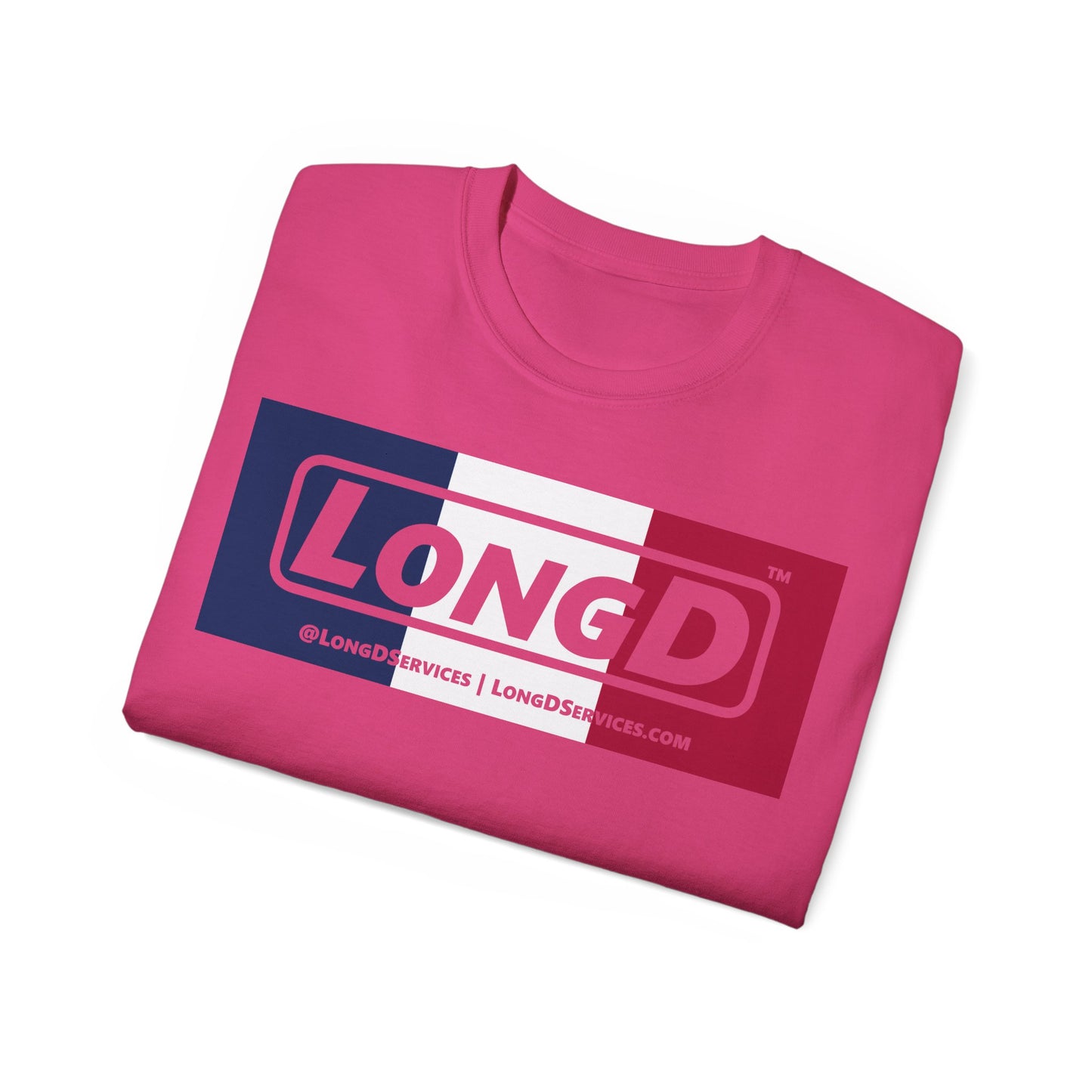 LongD® Logo Cotton Tee Blue, White and Red negative thirds text