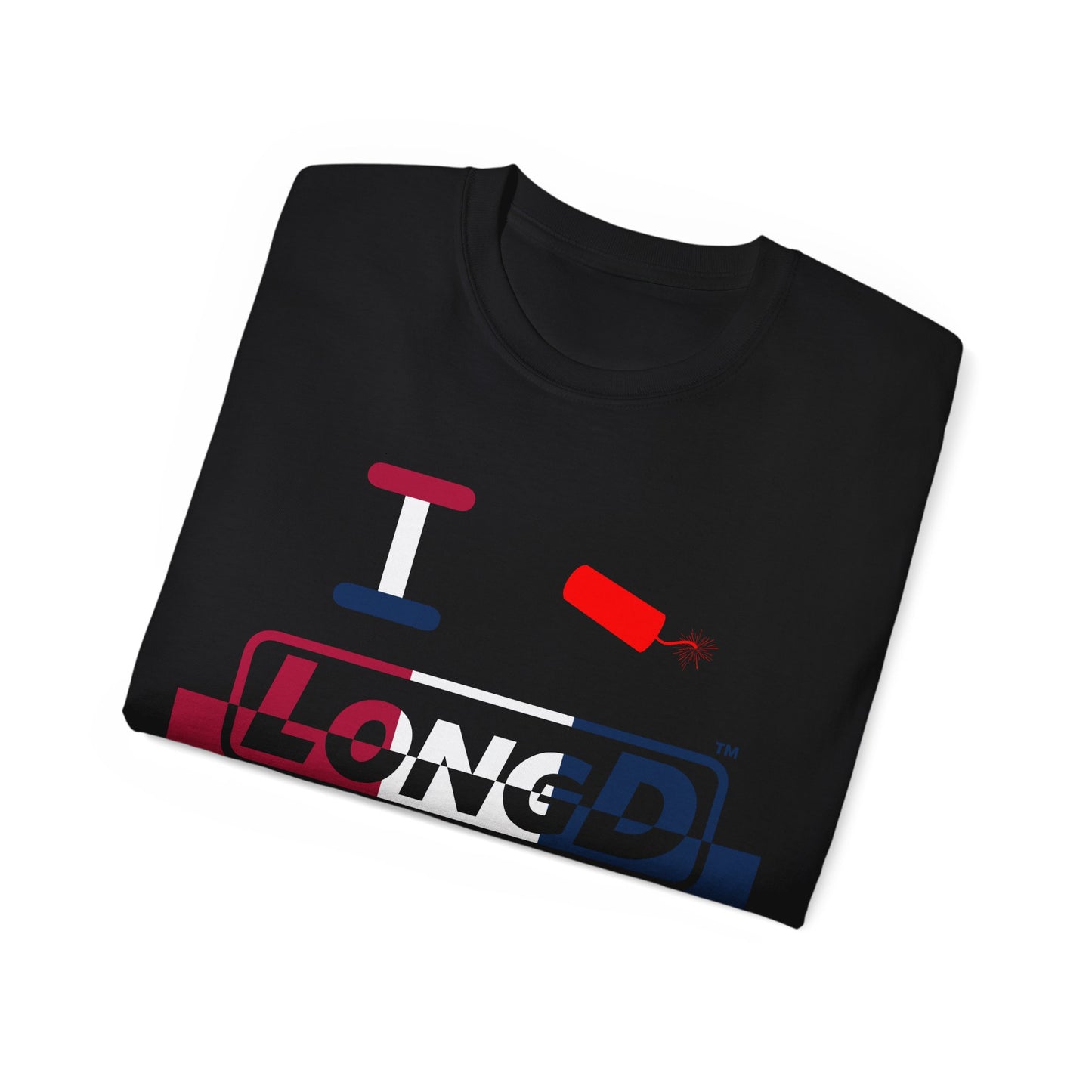 I Firecracker LongD® Logo Cotton Tee Red, White and Blue positive top negative bottom split thirds text