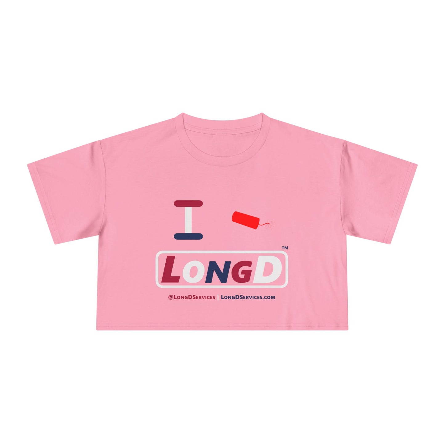 I Firecracker LongD Logo Women's Crop Tee Red, White & Blue positive varied text