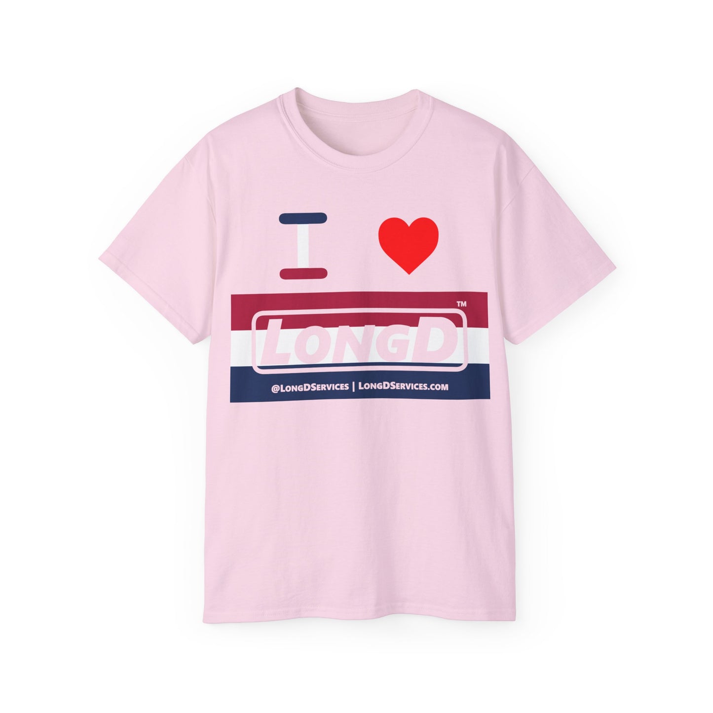 I Luv LongD® Logo Cotton Tee Red, White and Blue striped thirds text