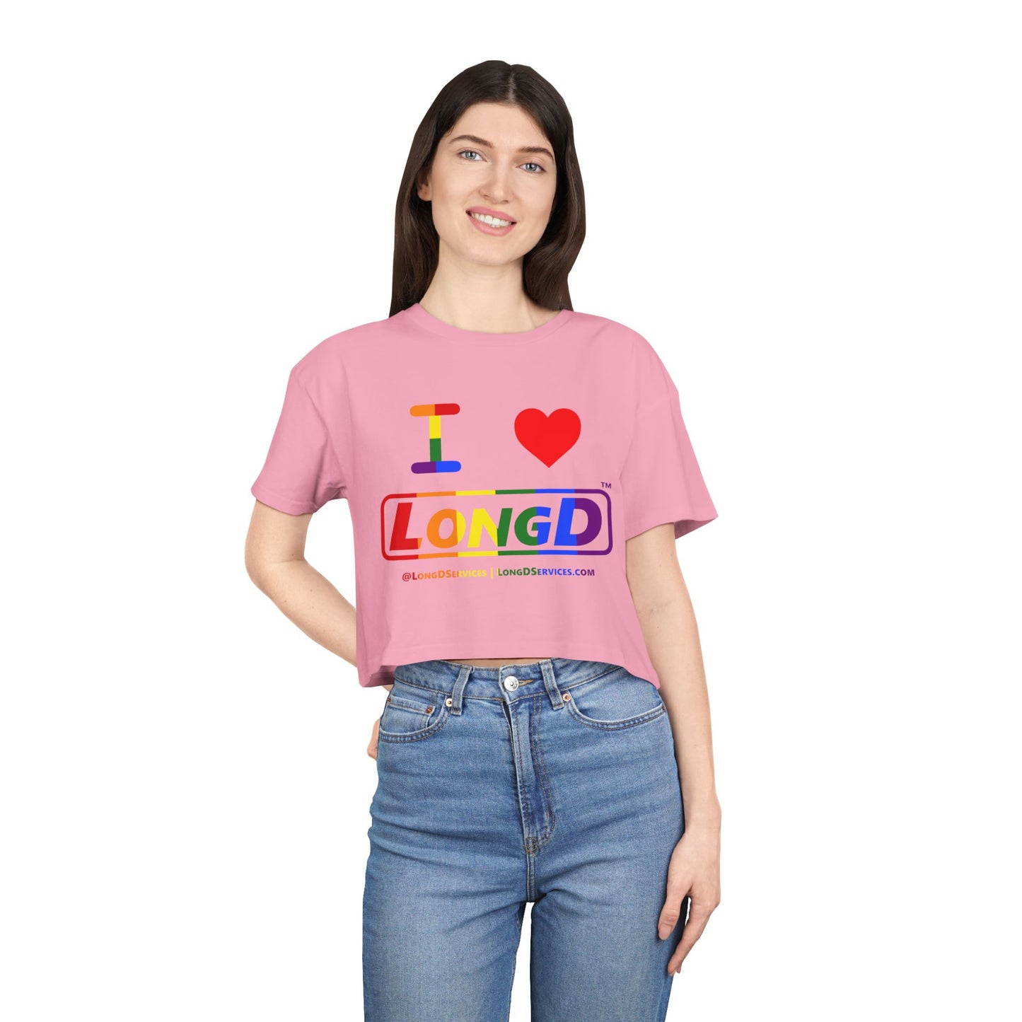 I Luv LongD Logo Women's Crop Tee (Pride color rainbow positive logo)