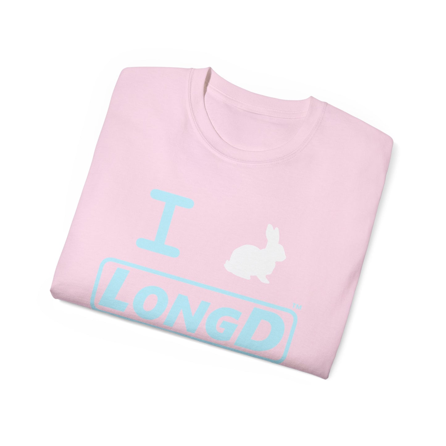 I Bunny LongD® Logo Cotton Tee Easter pastel blue text (white Easter Bunny)