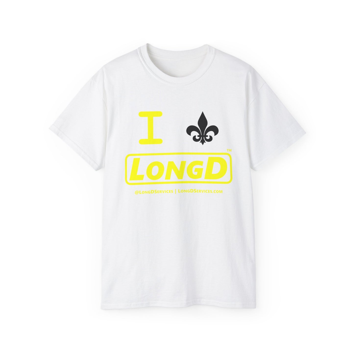 I Fleur LongD® Logo Cotton Tee (yellow text & black fleur de lis)