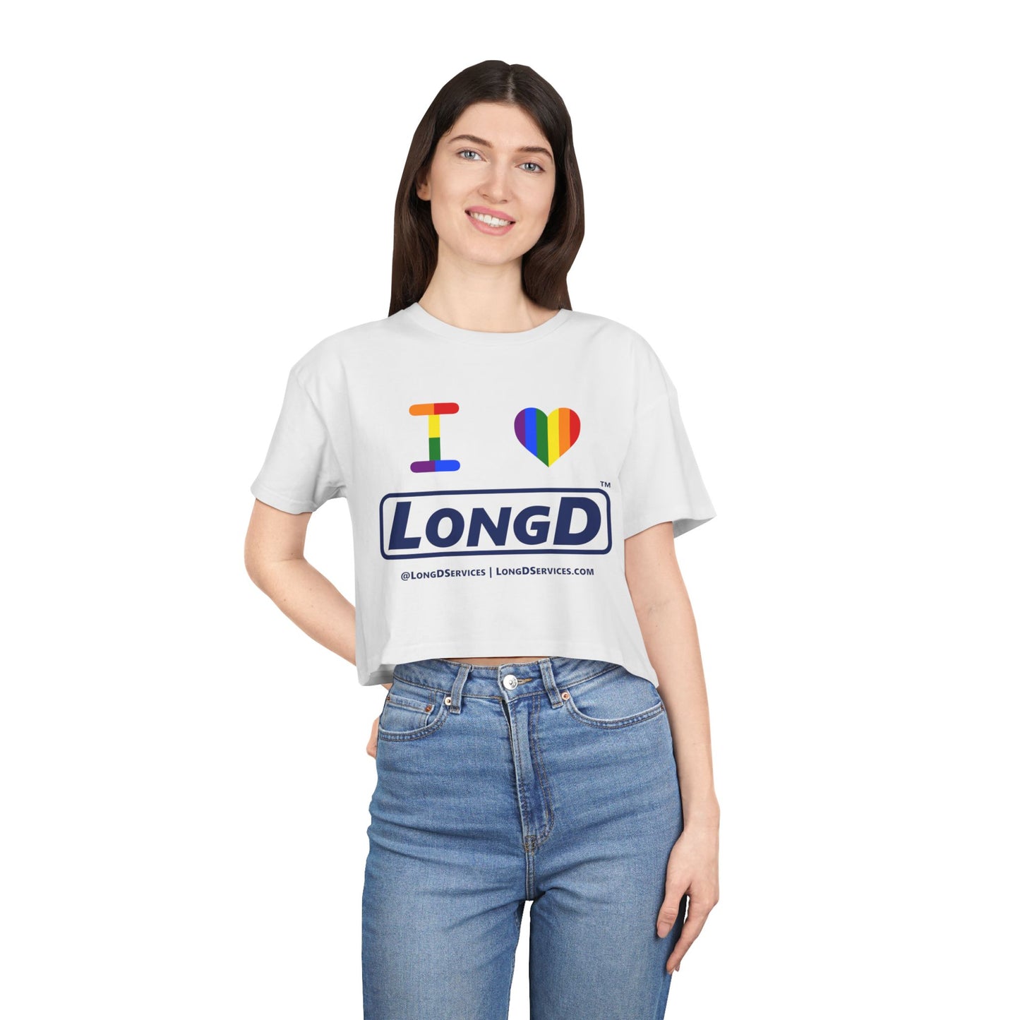 I Luv LongD Logo Women's Crop Tee (Official logo-Pride color rainbow heart and text)