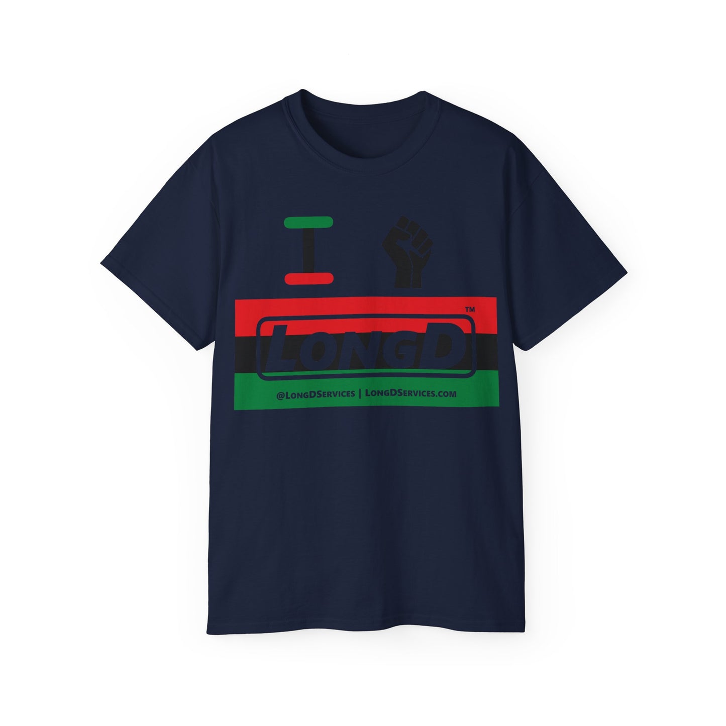I Fist LongD® Logo Cotton Tee Juneteenth black fist negative striped text