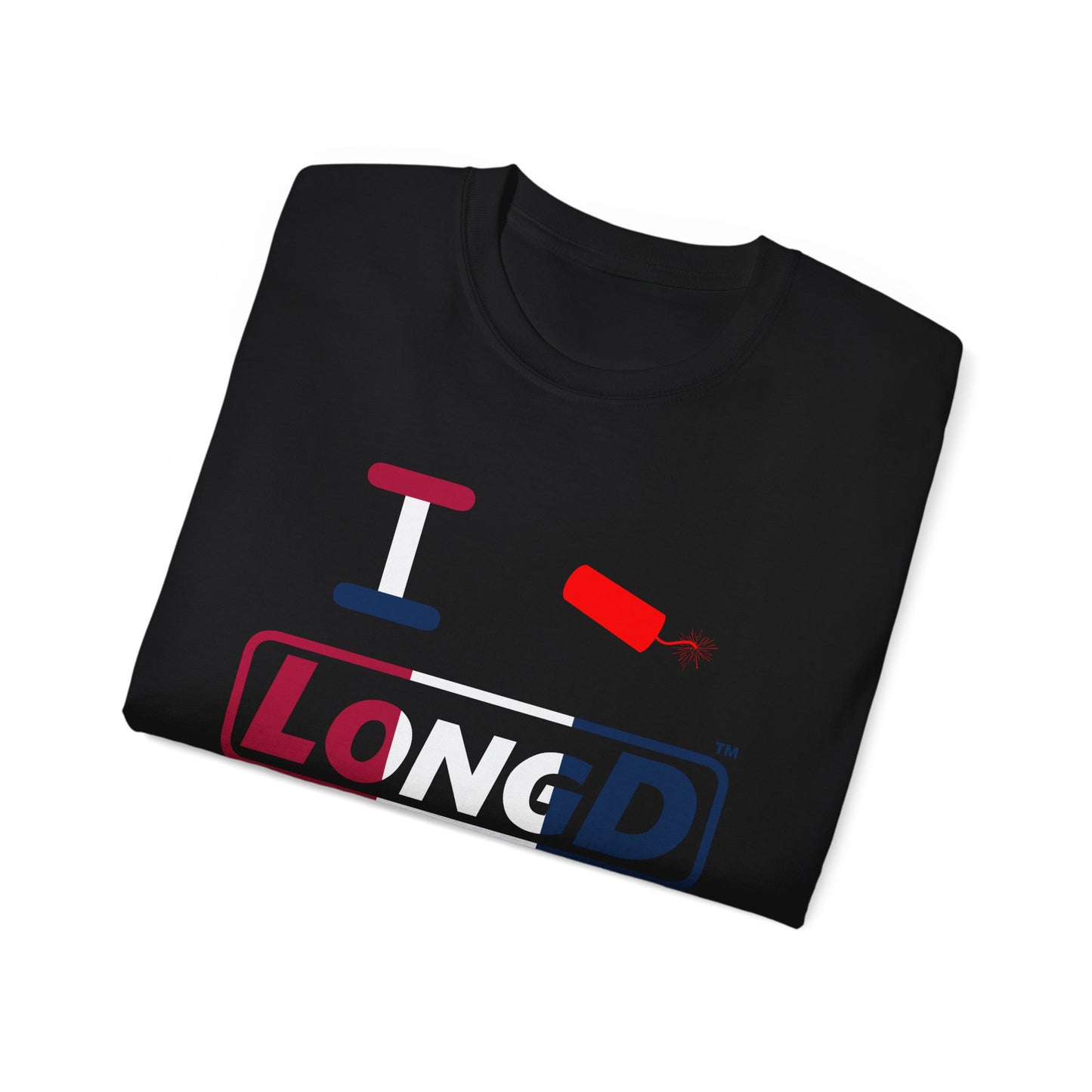 I Firecracker LongD® Logo Cotton Tee Red, White and Blue positive thirds text