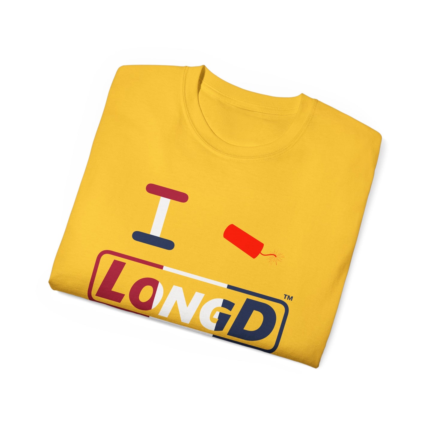 I Firecracker LongD® Logo Cotton Tee Red, White and Blue positive thirds text