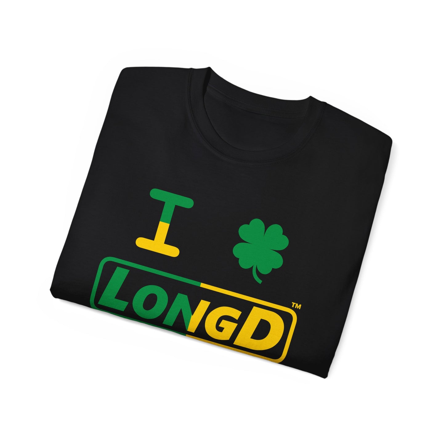I Clover LongD® Logo Cotton Tee (St. Patrick's Day -Irish Green and Golden Yellow right-left split with 4-leaf clover)
