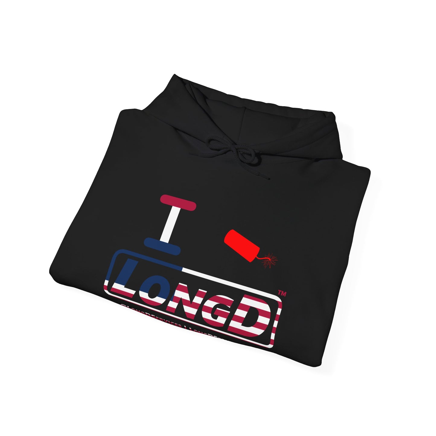 I Firecracker LongD® Logo Hoodie red, white and blue positive flag
