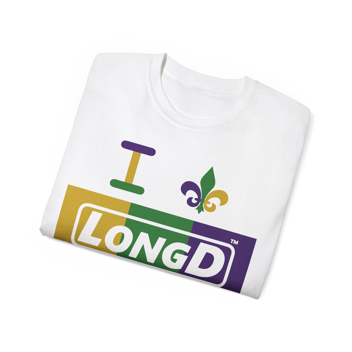 I Fluer LongD® Logo Cotton Tee (Mardi Gras colored text, negative logo & fleur de lis)
