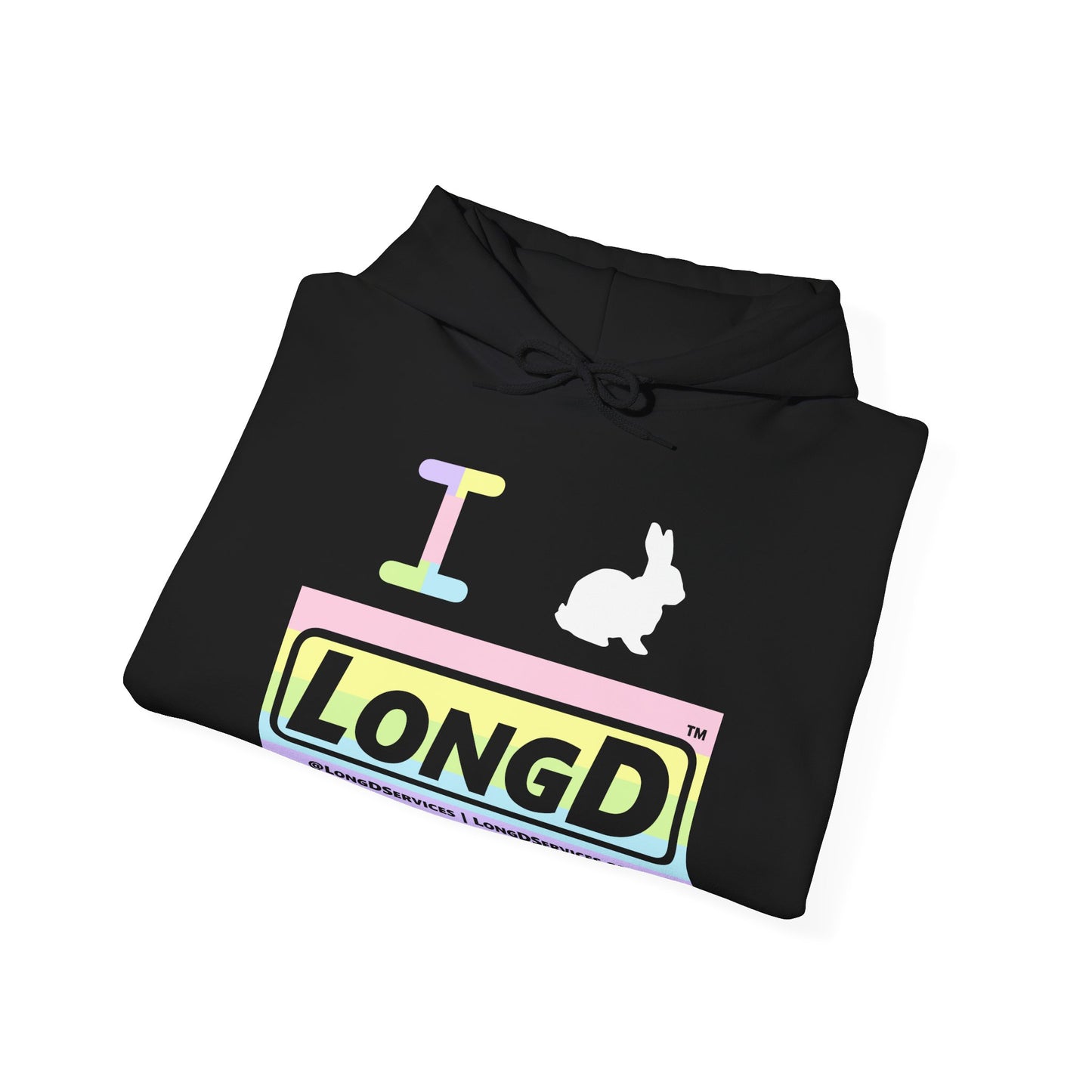 I Bunny LongD® Logo Hoodie Pastel striped negative text (White Easter Bunny)