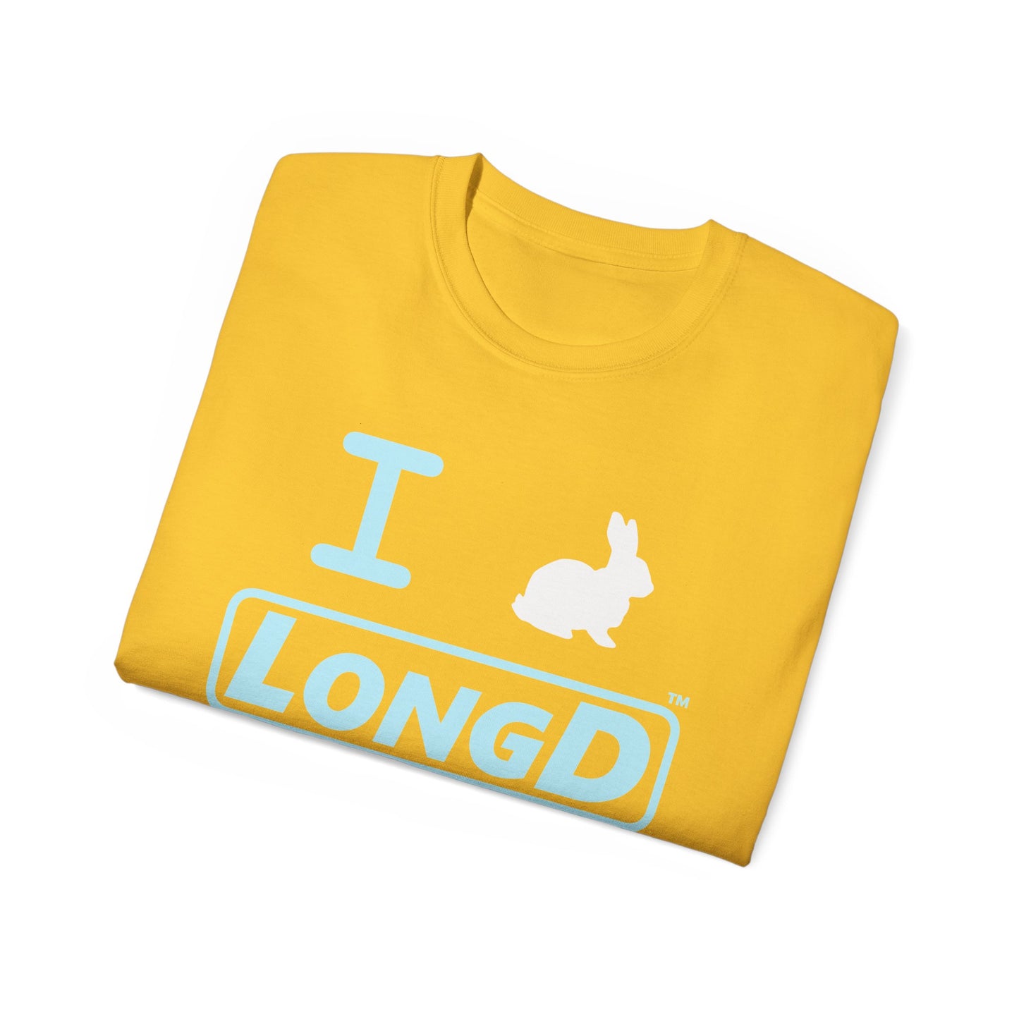 I Bunny LongD® Logo Cotton Tee Easter pastel blue text (white Easter Bunny)