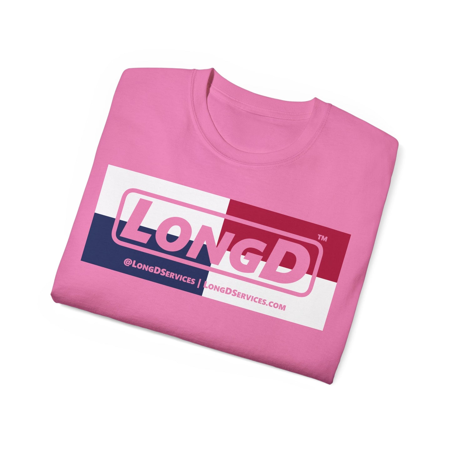 LongD® Logo Cotton Tee Red, White and Blue negative quarters text
