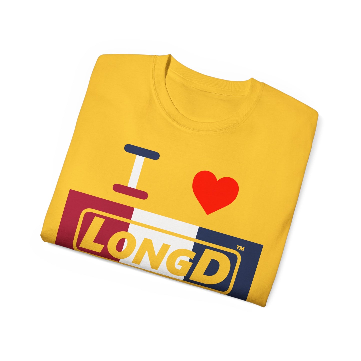 I Luv LongD® Logo Cotton Tee Red, White and Blue negative thirds text