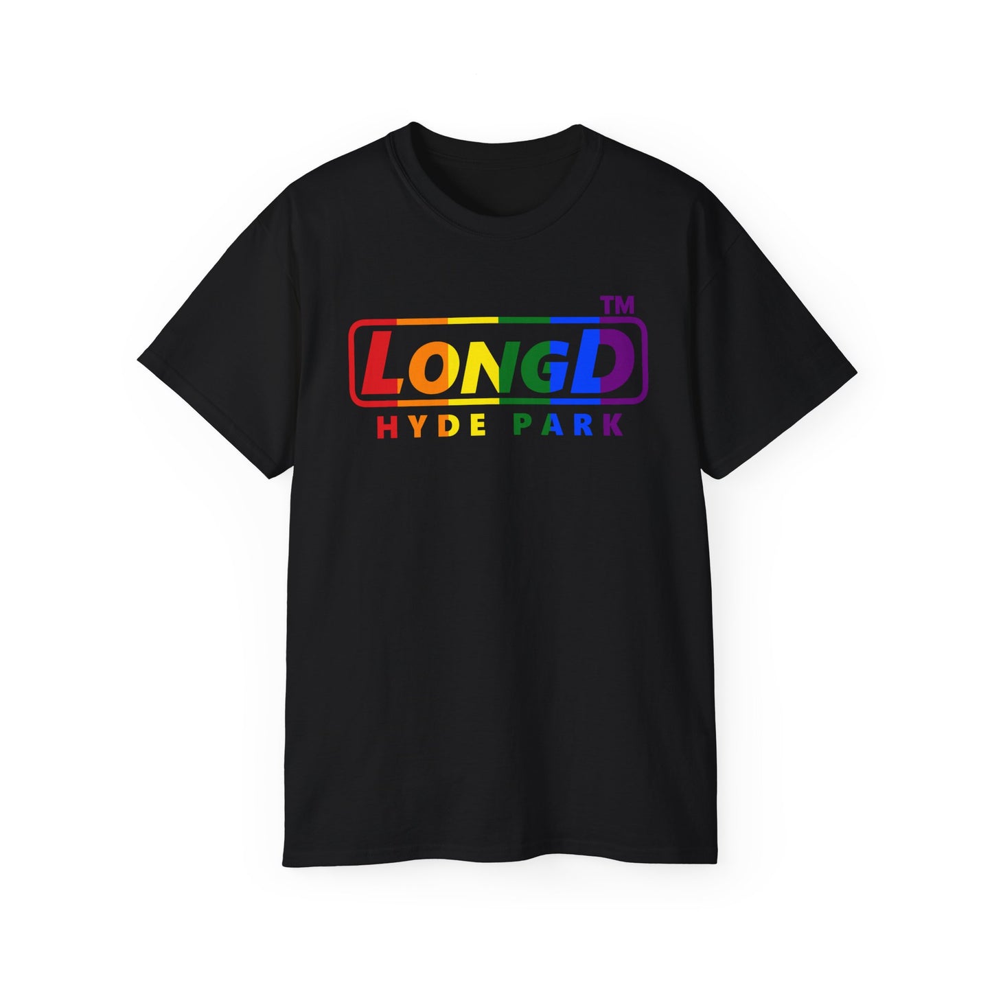 LongD positive vertical striped Hyde Park logo cotton tee (Pride colors)