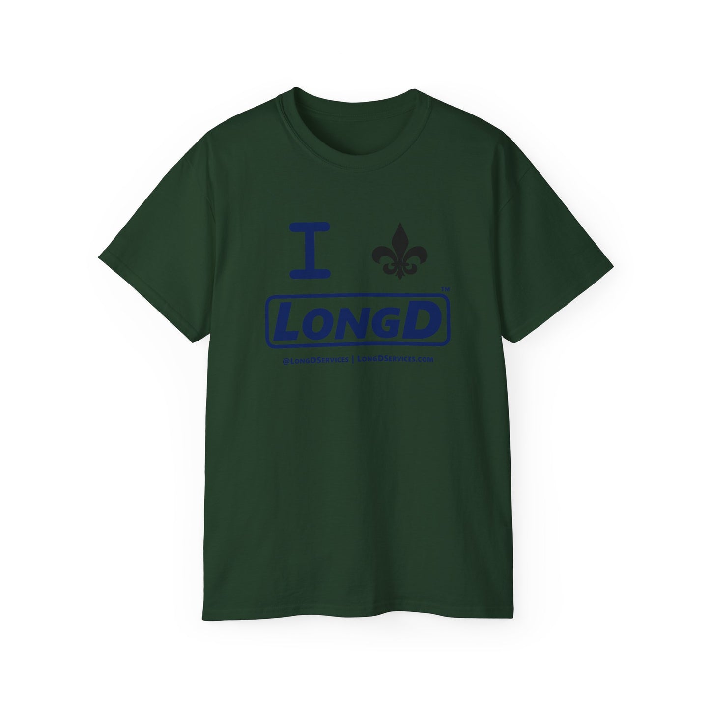 I Fleur LongD® Logo Cotton Tee (blue text & black fleur de lis)