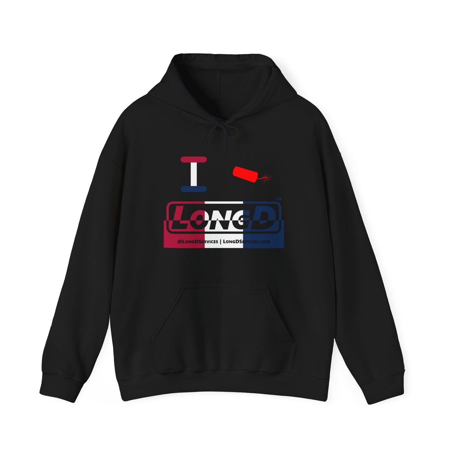 I Firecracker LongD® Logo Hoodie red, white and blue positive top negative bottom thirds