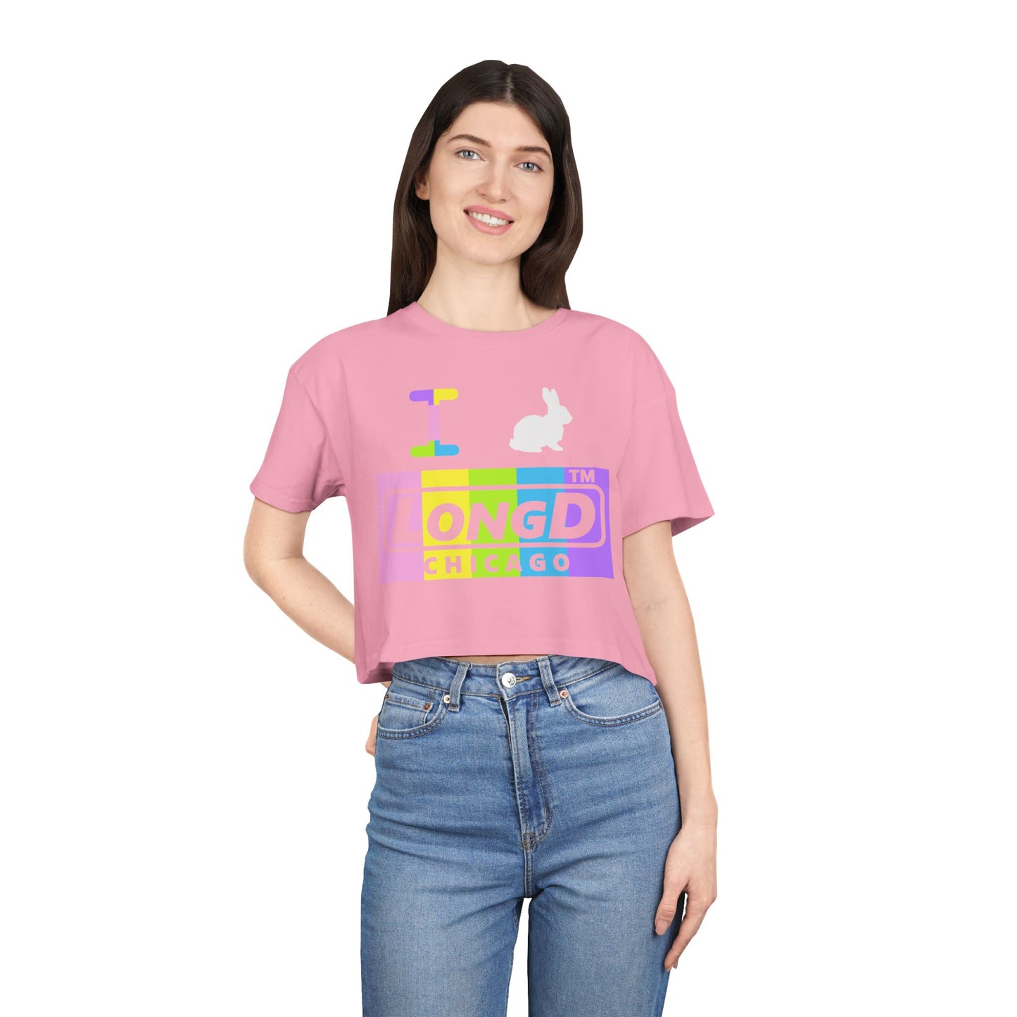 I Bunny LongD negative vertical striped Chicago Logo Crop Tee
