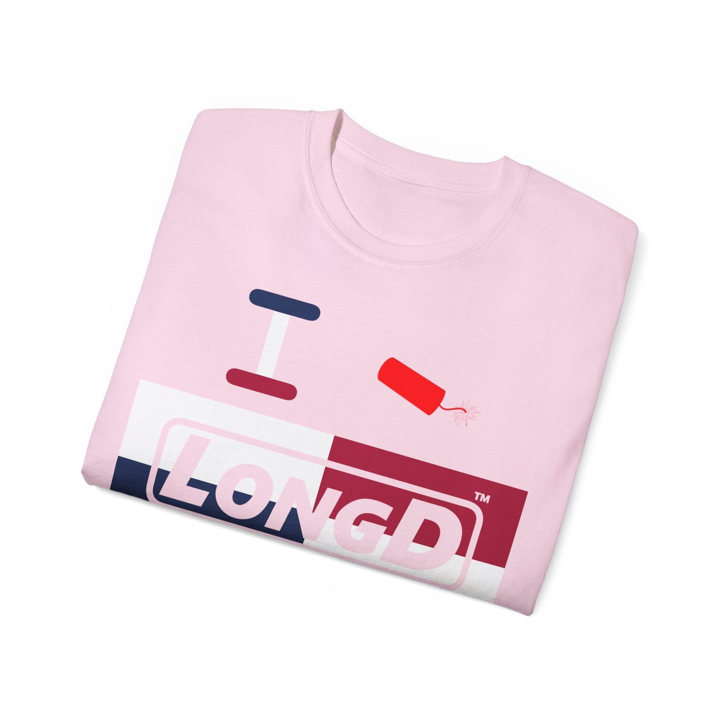 I Firecracker LongD® Logo Cotton Tee Red, White and Blue negative quarters text