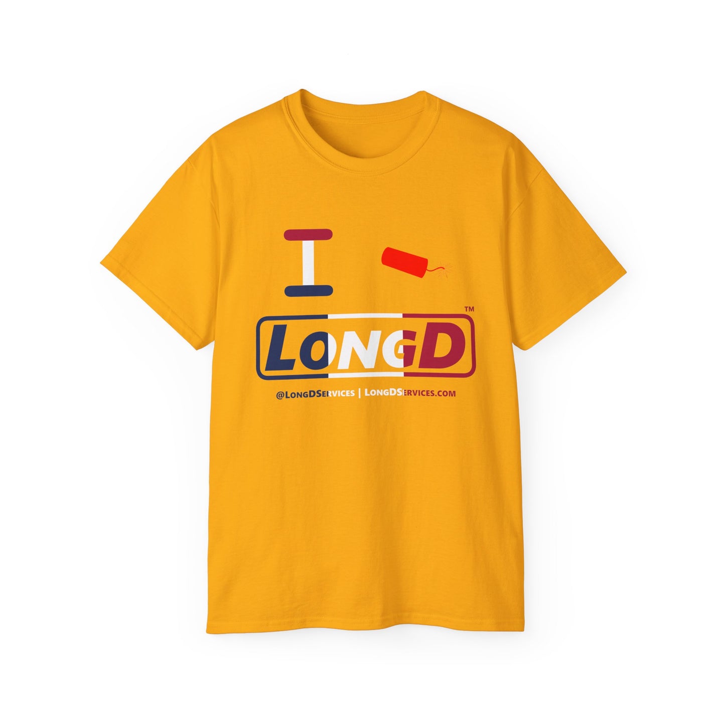 I Firecracker LongD® Logo Cotton Tee Blue, White and Red positive thirds text