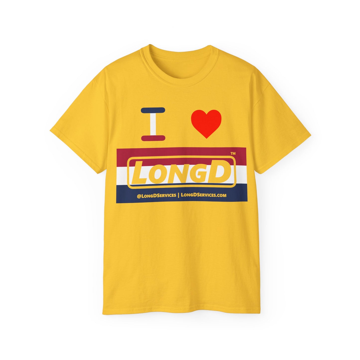 I Luv LongD® Logo Cotton Tee Red, White and Blue striped thirds text