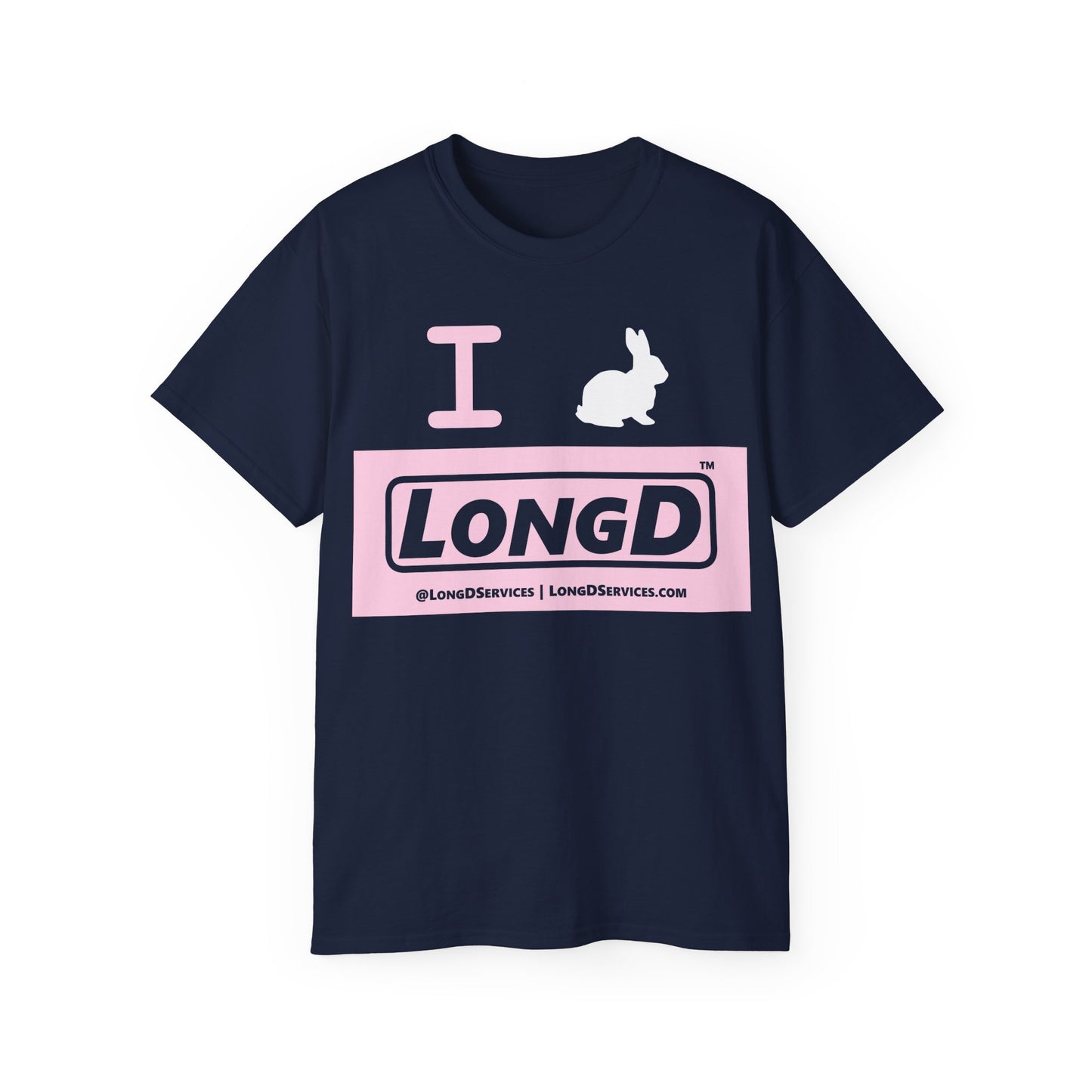 I Bunny LongD® Logo Cotton Tee Easter pastel pink negative text (white Easter Bunny)