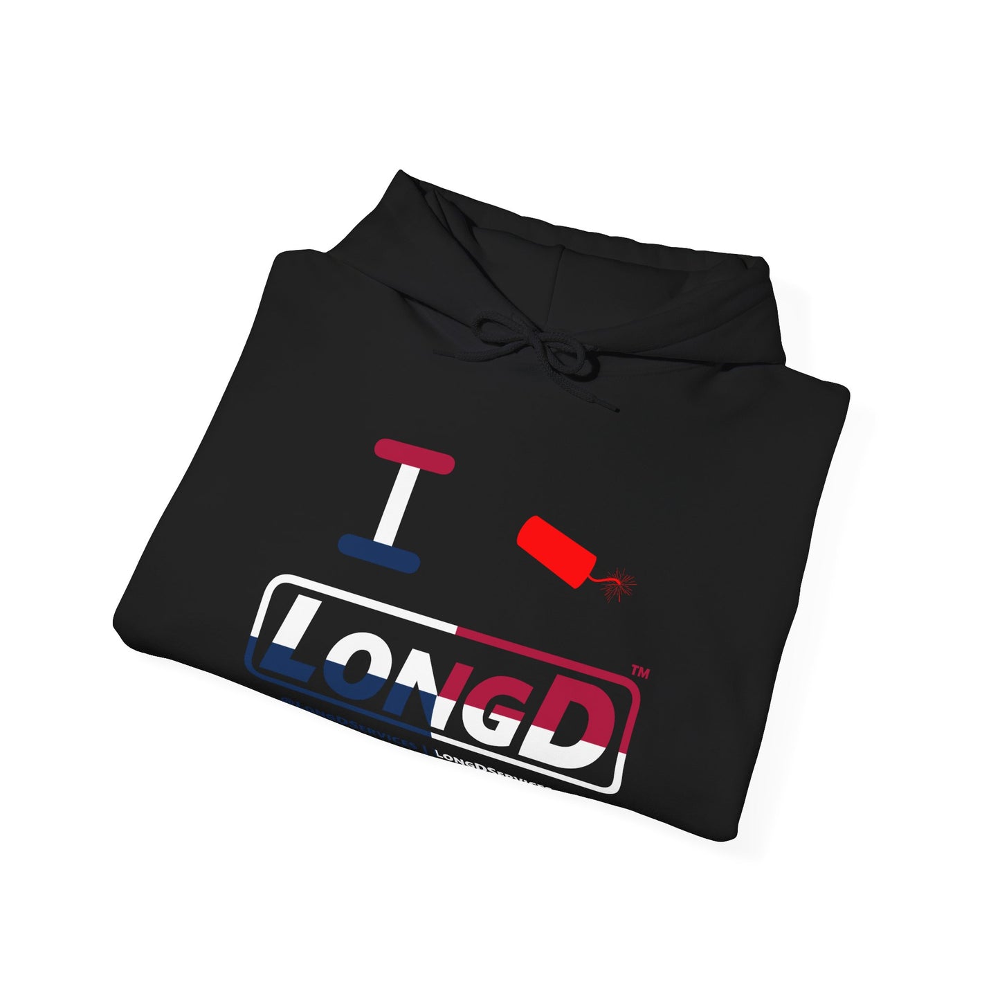 I Firecracker LongD® Logo Hoodie red, white and blue positive quarters