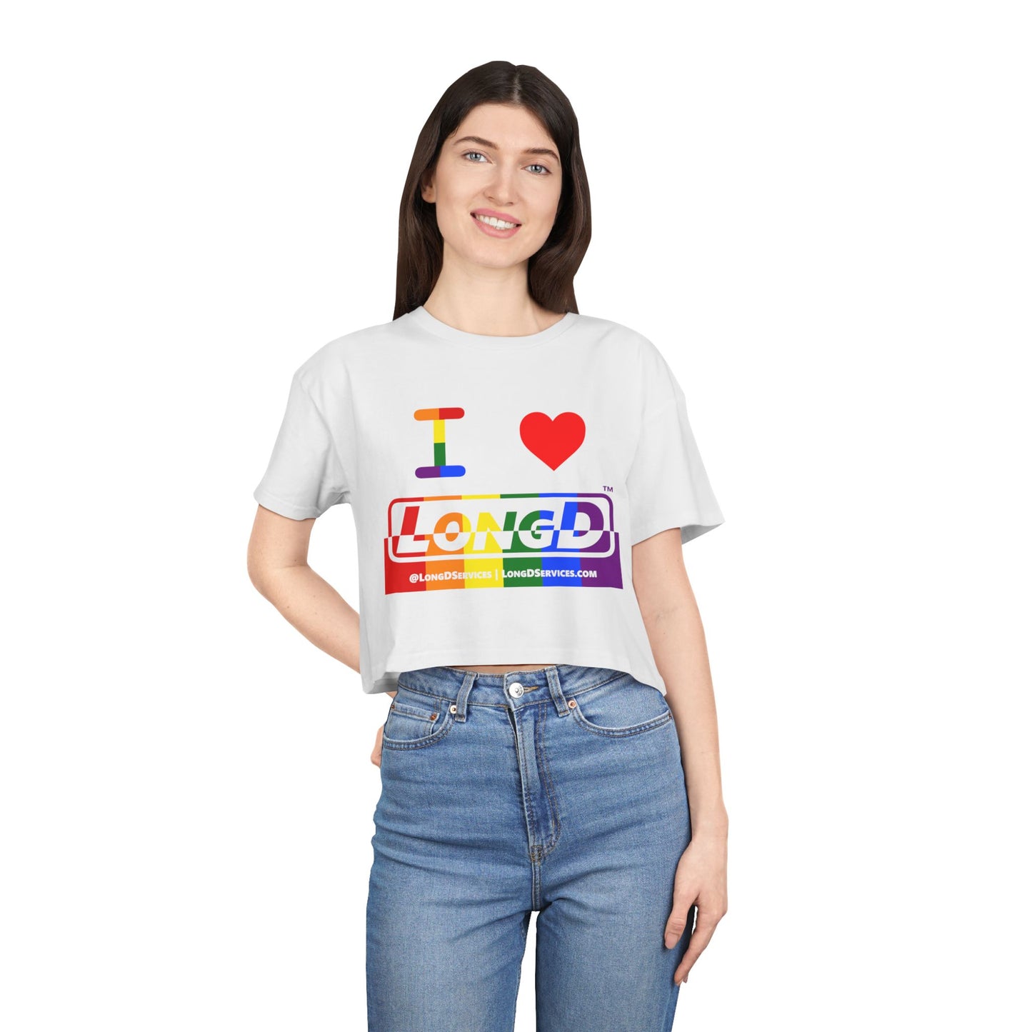 I Luv LongD Logo Women's Crop Tee (Pride color rainbow positive top negative bottom logo)