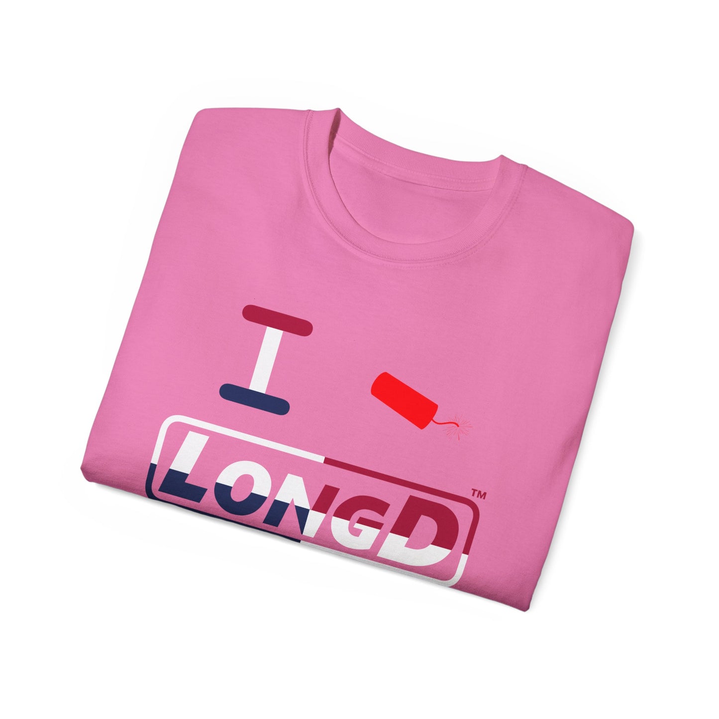 I Firecracker LongD® Logo Cotton Tee Red, White and Blue positive quarters text