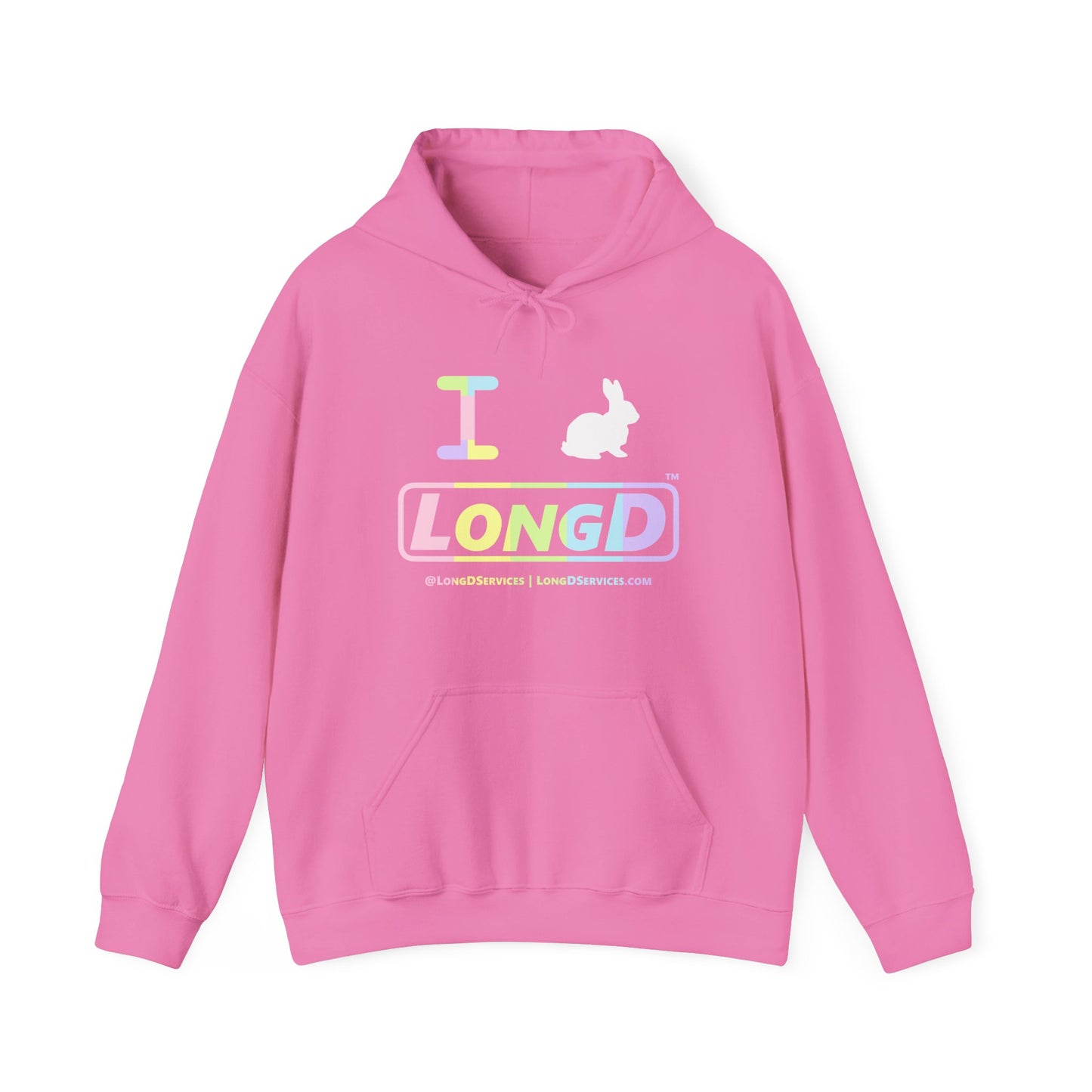 I Bunny LongD® Logo Hoodie Pastel spectrum text (White Easter Bunny)