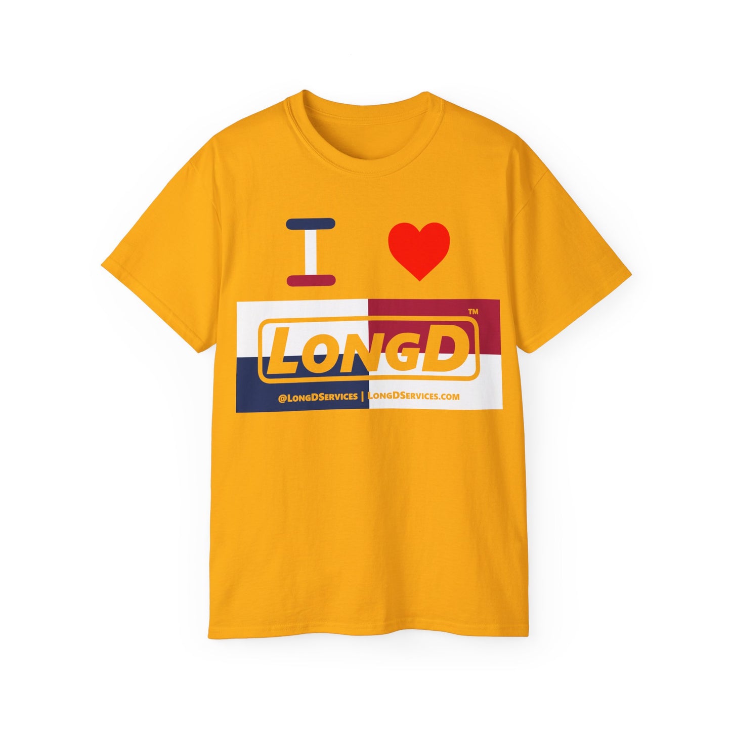 I Luv LongD® Logo Cotton Tee Red, White and Blue negative quarters text