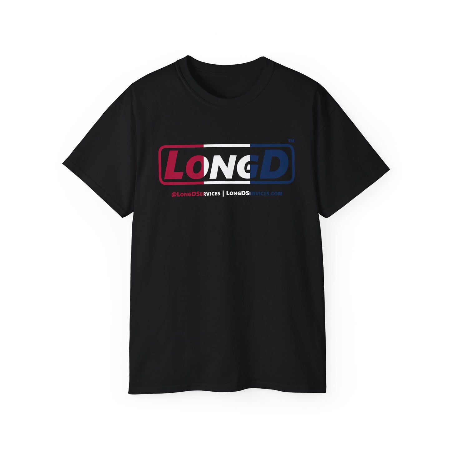LongD® Logo Cotton Tee Red, White and Blue positive thirds text