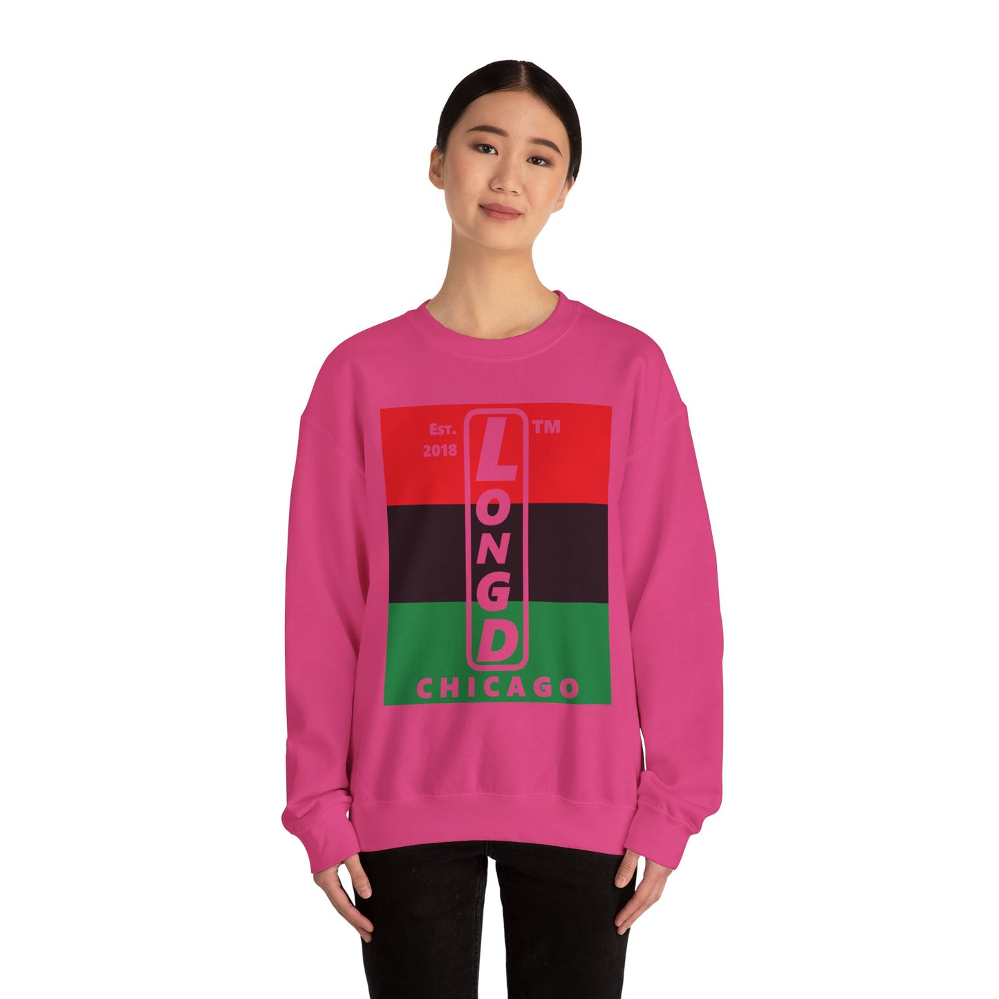 LongD negative horizontal 3-striped Chicago upright logo crewneck sweatshirt (Juneteenth colors)
