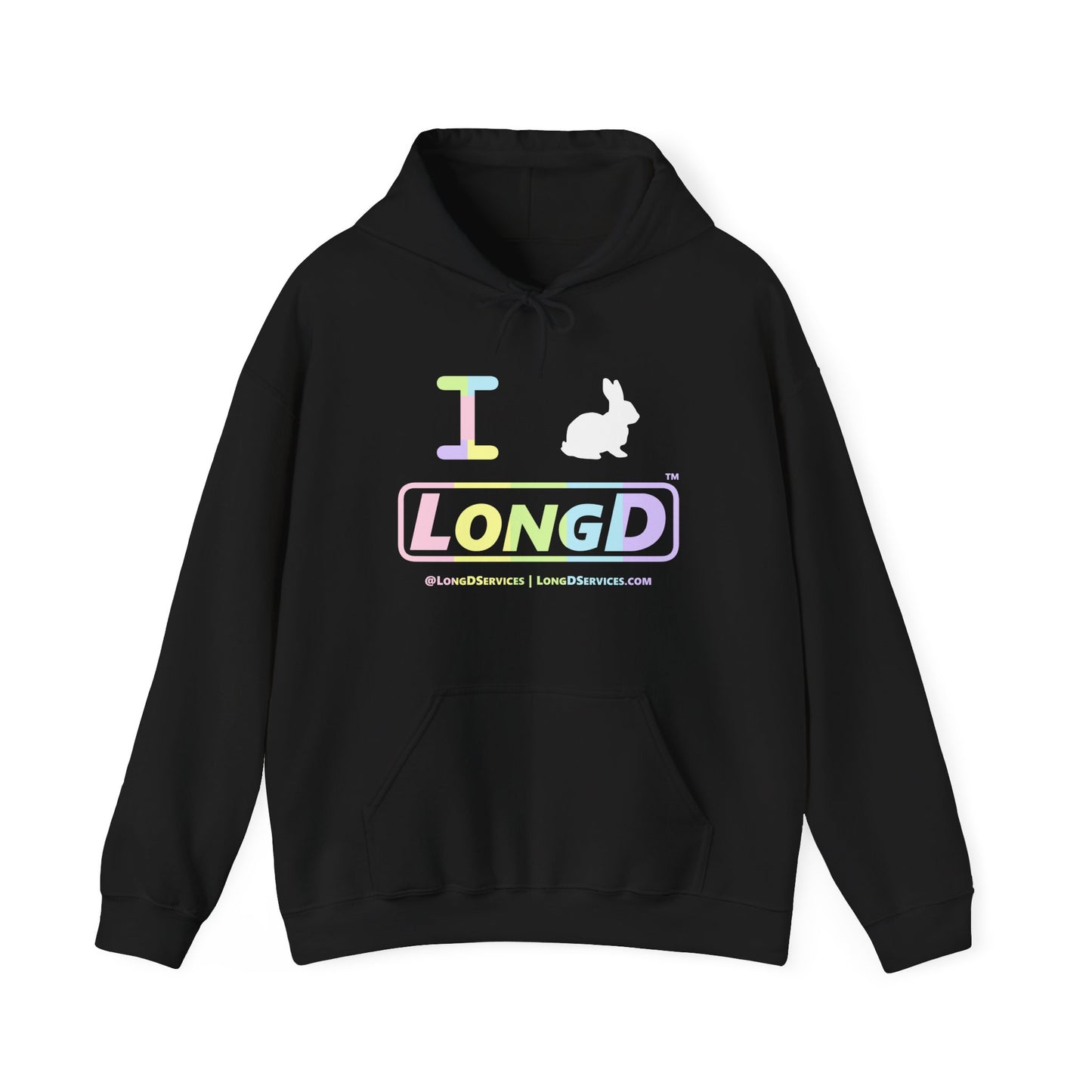 I Bunny LongD® Logo Hoodie Pastel spectrum text (White Easter Bunny)