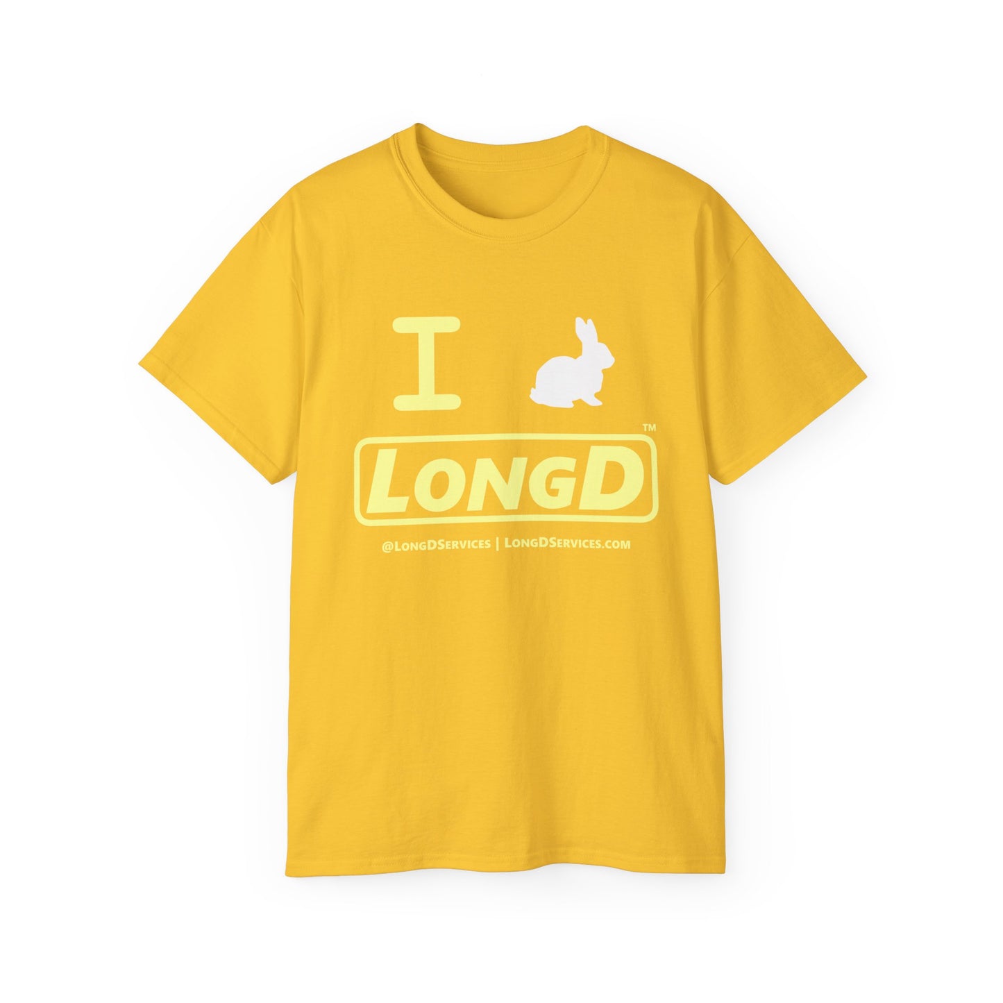 I Bunny LongD® Logo Cotton Tee Easter pastel yellow text (white Easter Bunny)