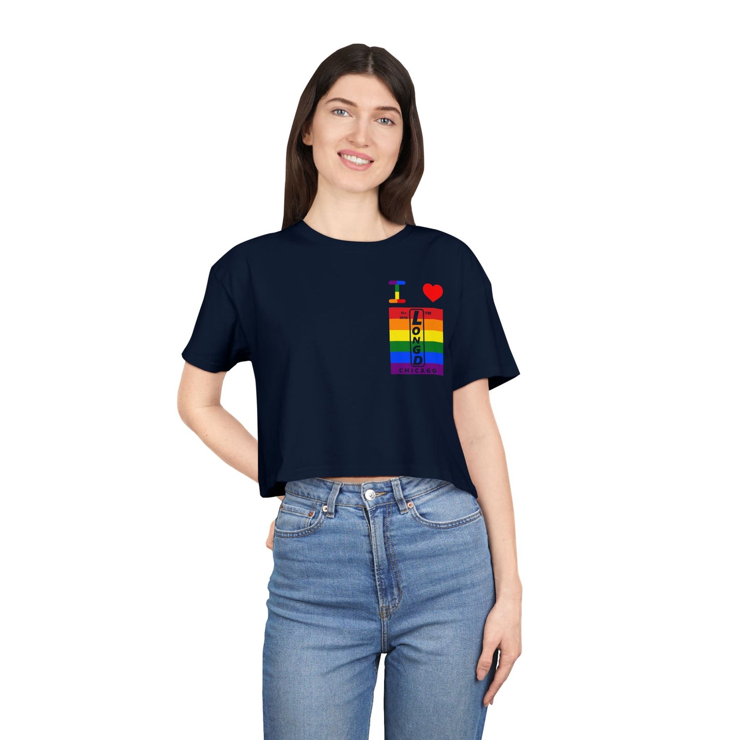 I Luv LongD Negative horizontal 6-striped upright single-breasted Chicago logo crop tee (Pride colors)