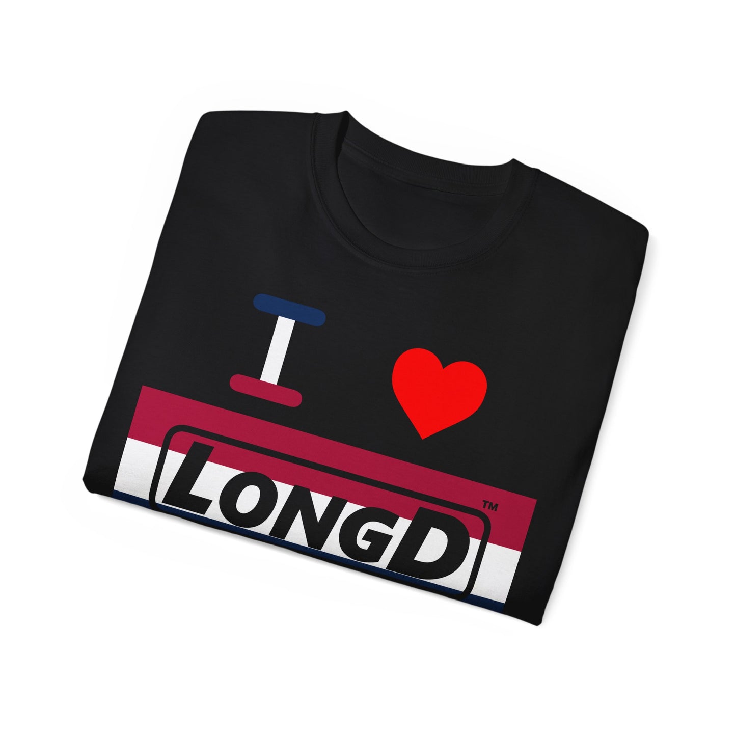 I Luv LongD® Logo Cotton Tee Red, White and Blue striped thirds text