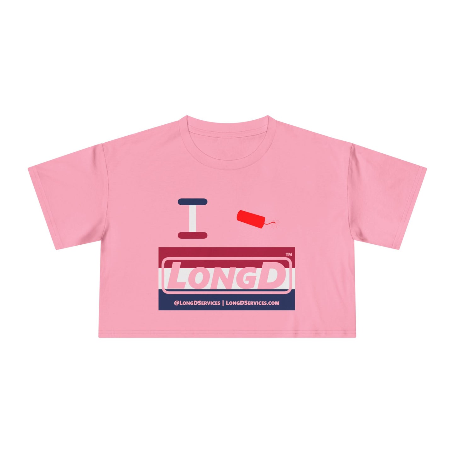 I Firecracker LongD Logo Women's Crop Tee Red, White & Blue negative stripes