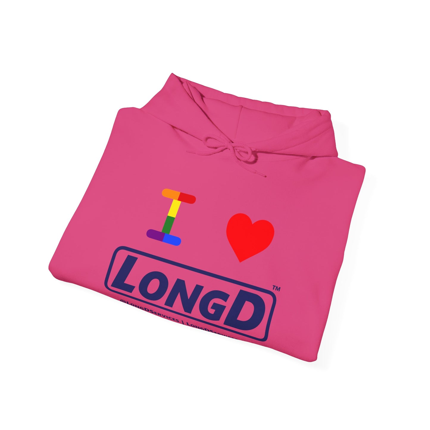 I Luv LongD® Official Logo Hoodie with Pride rainbow "I" and positive logo text