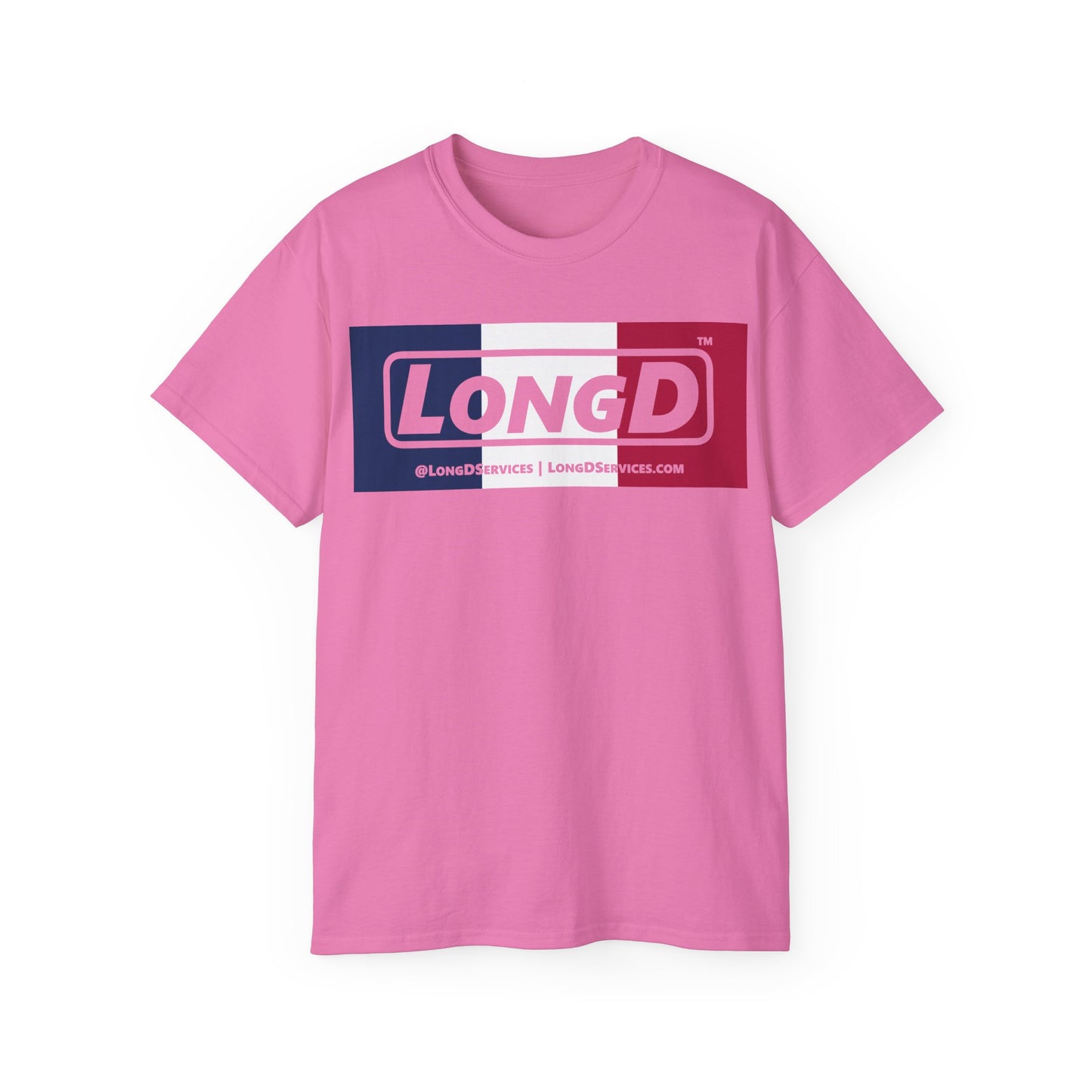 LongD® Logo Cotton Tee Blue, White and Red negative thirds text