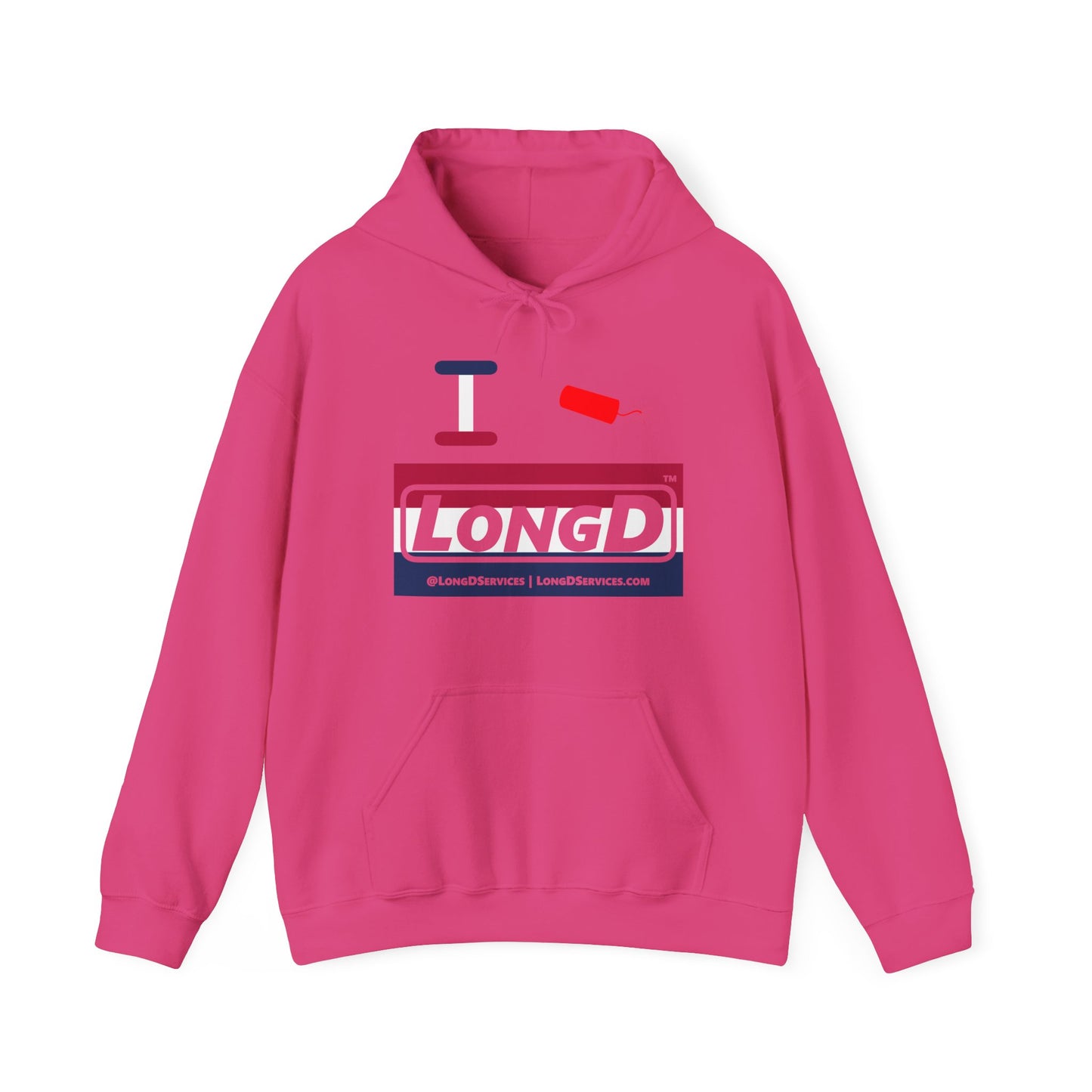 I Firecracker LongD® Logo Hoodie red, white and blue striped negative thirds