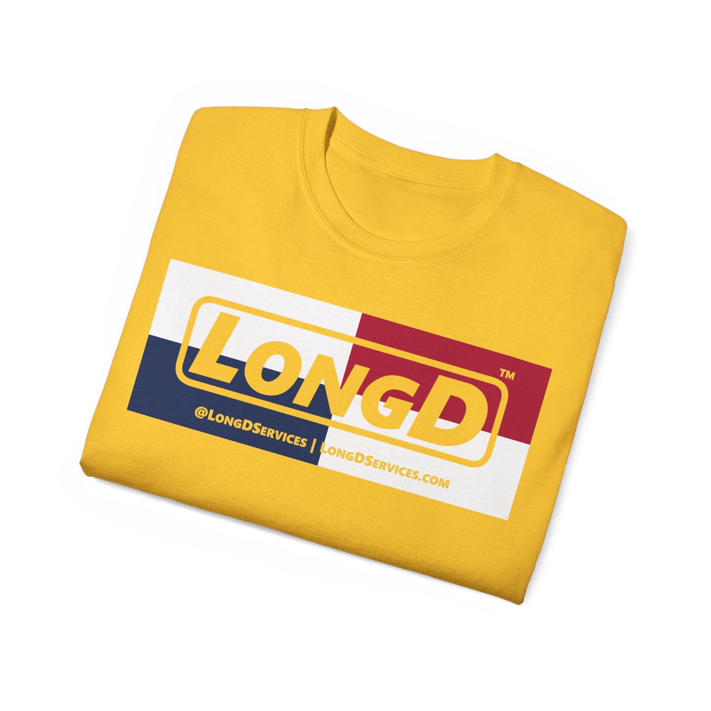 LongD® Logo Cotton Tee Red, White and Blue negative quarters text