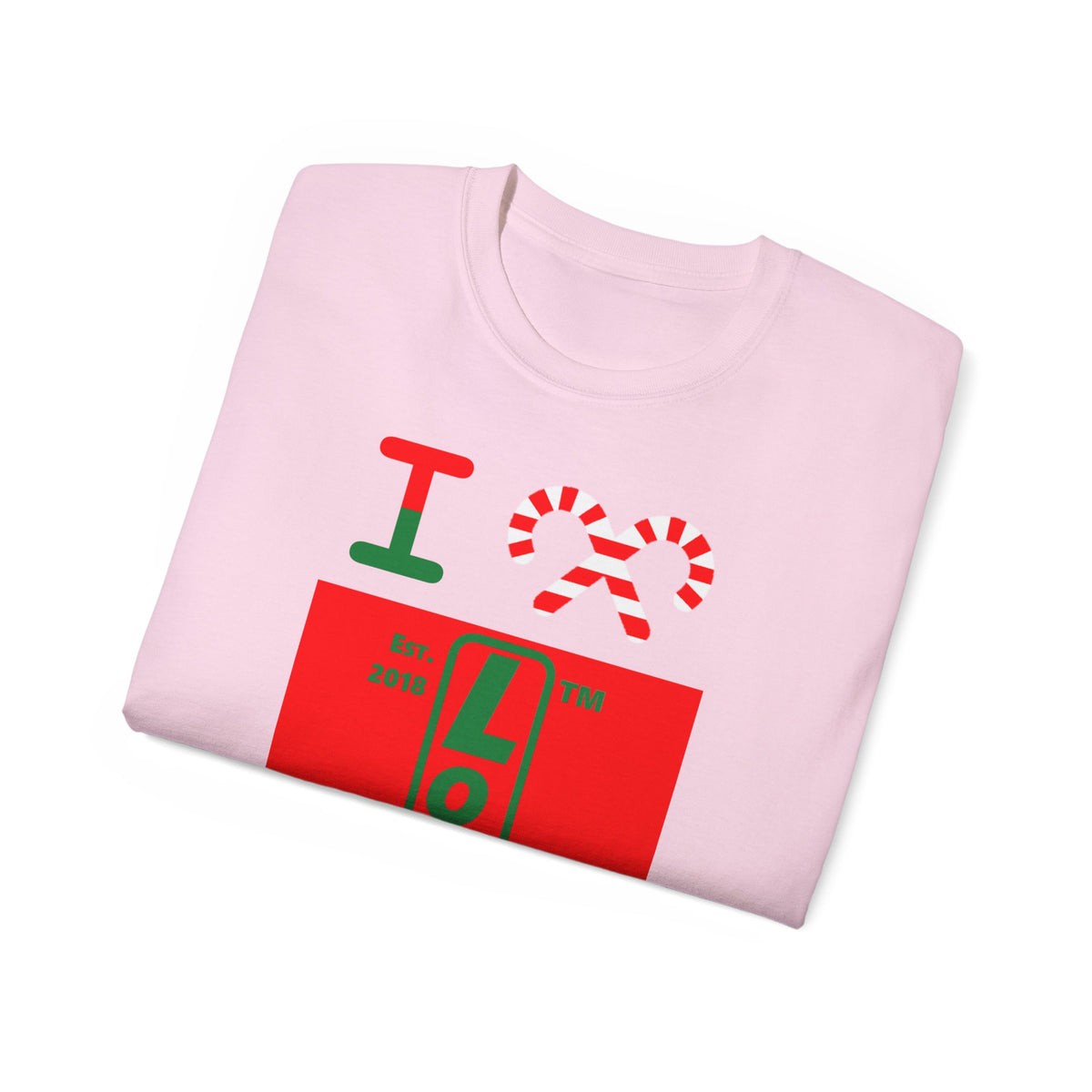I candy cane LongD Chicago upright logo positive green on negative red cotton tee