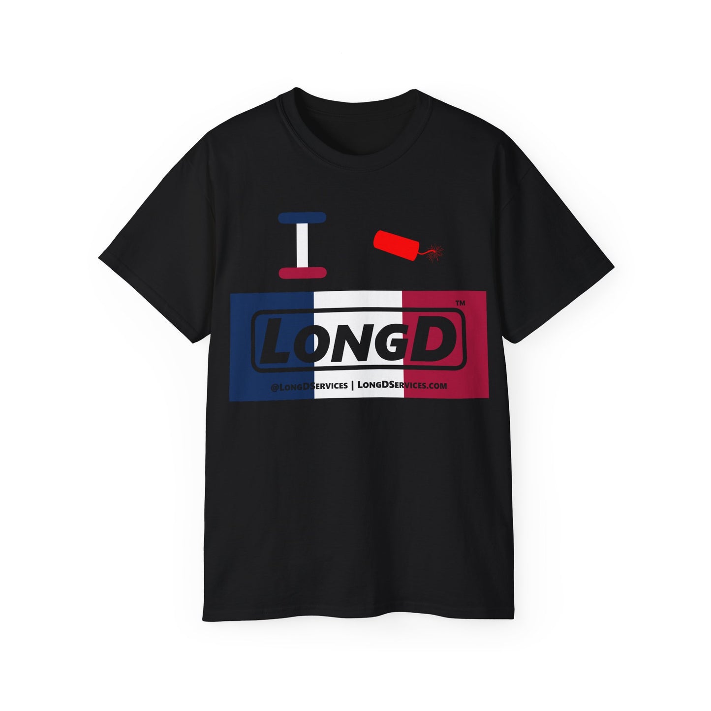 I Firecracker LongD® Logo Cotton Tee Blue, White and Red negative thirds text