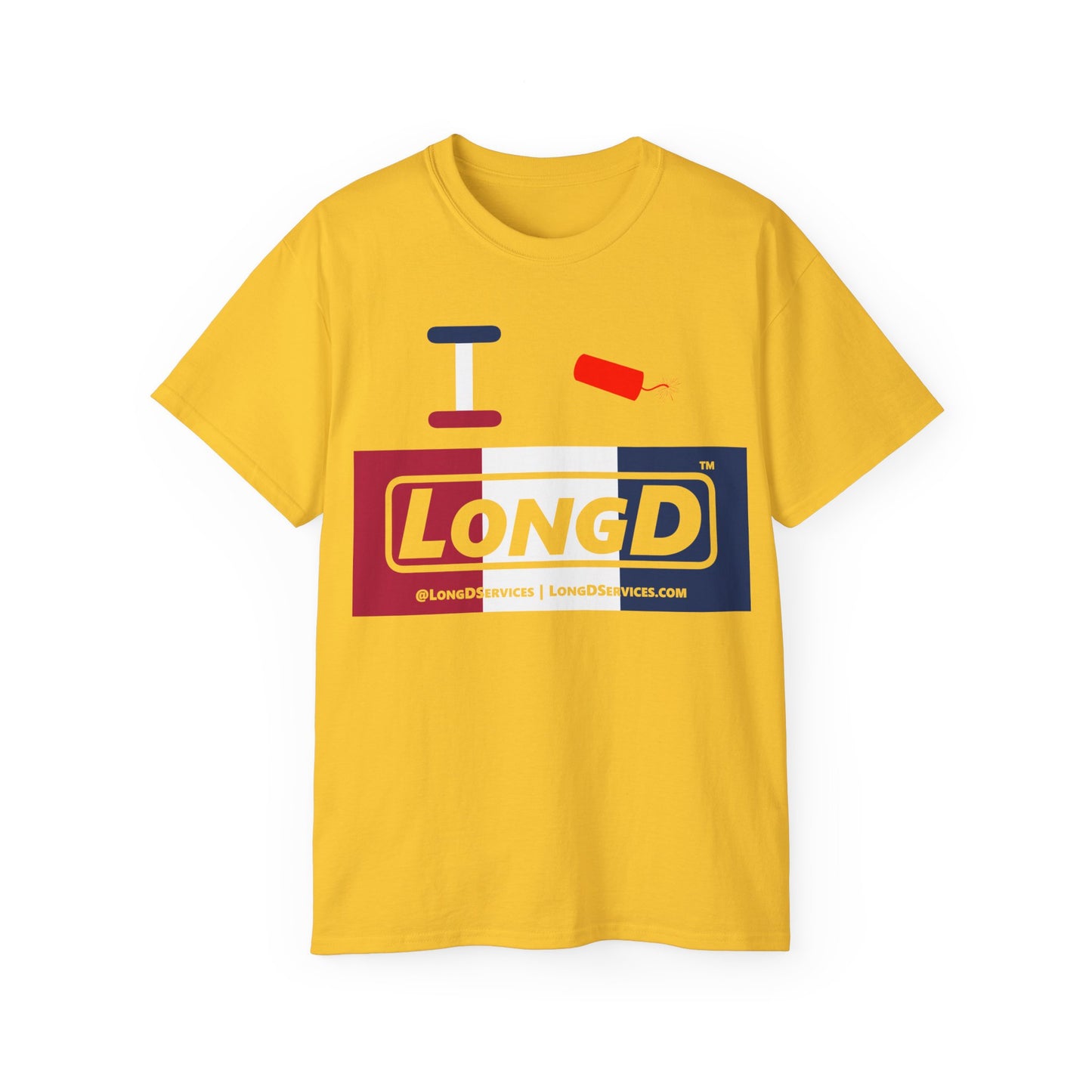 I Firecracker LongD® Logo Cotton Tee Red, White and Blue negative thirds text